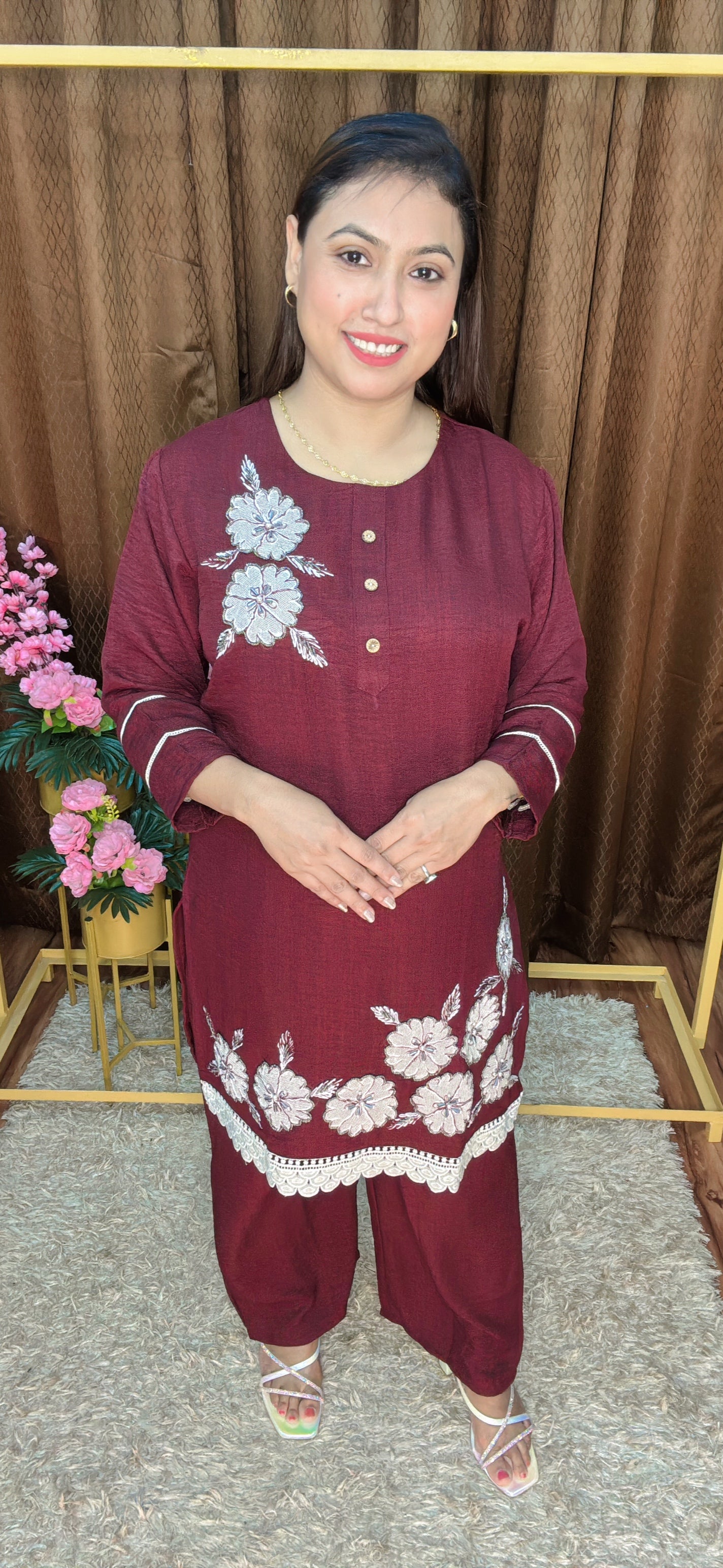 Two Flower Embroidery Khadi Cotton Cord Set