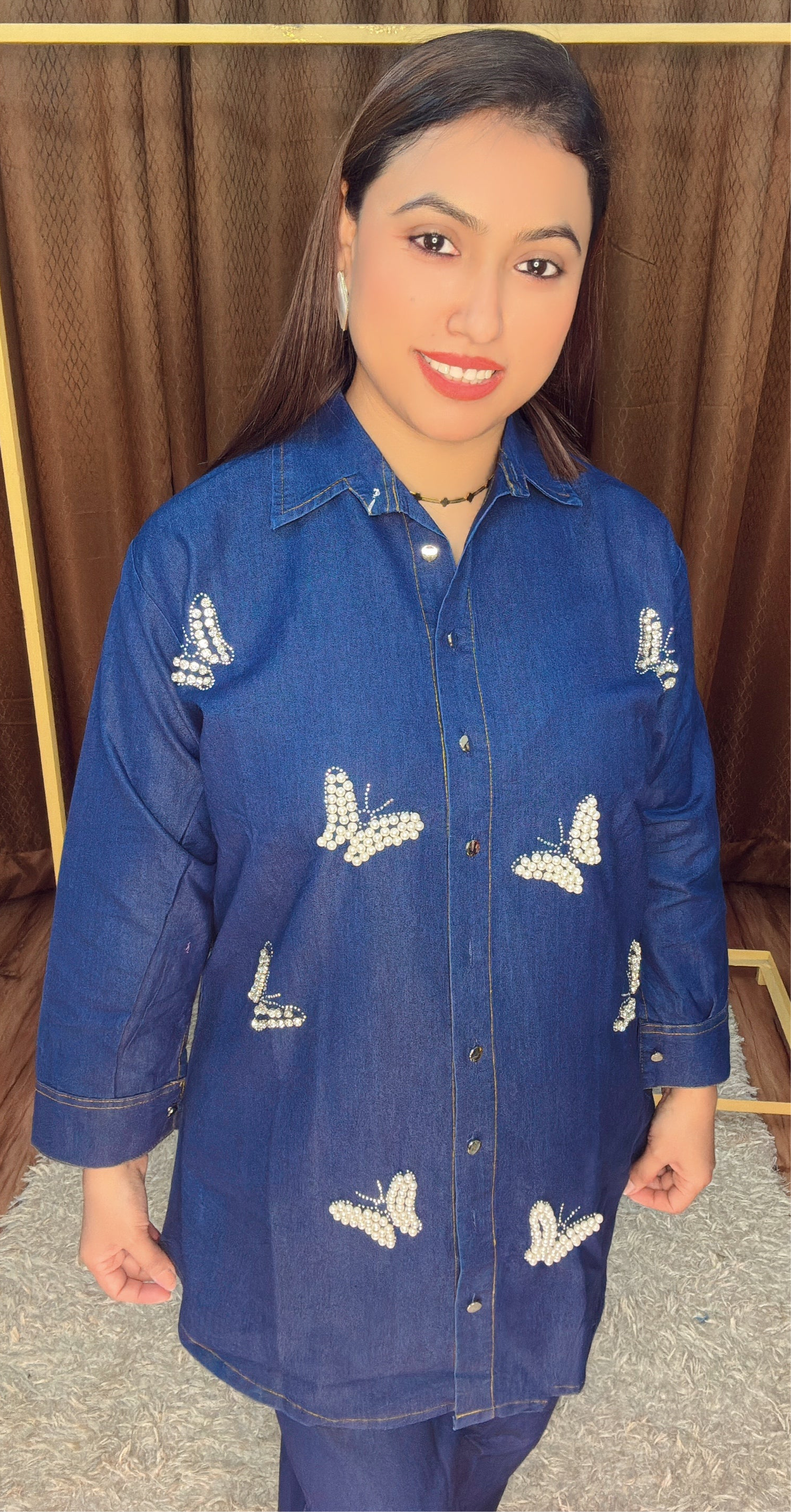Pearl Butterfly Embellished Denim Co-ord Set