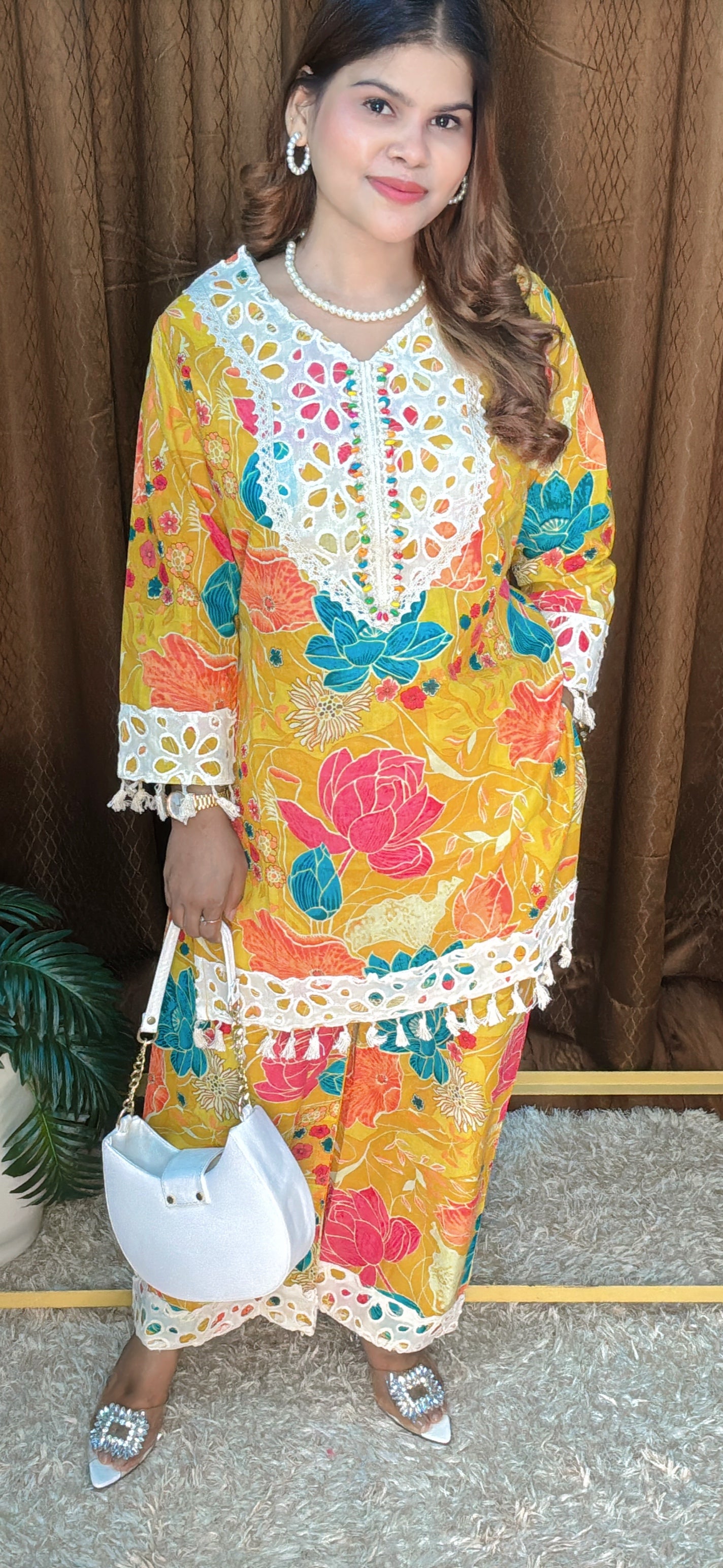 Sunshine Bloom Floral Co-ord Set with Crochet Detailing