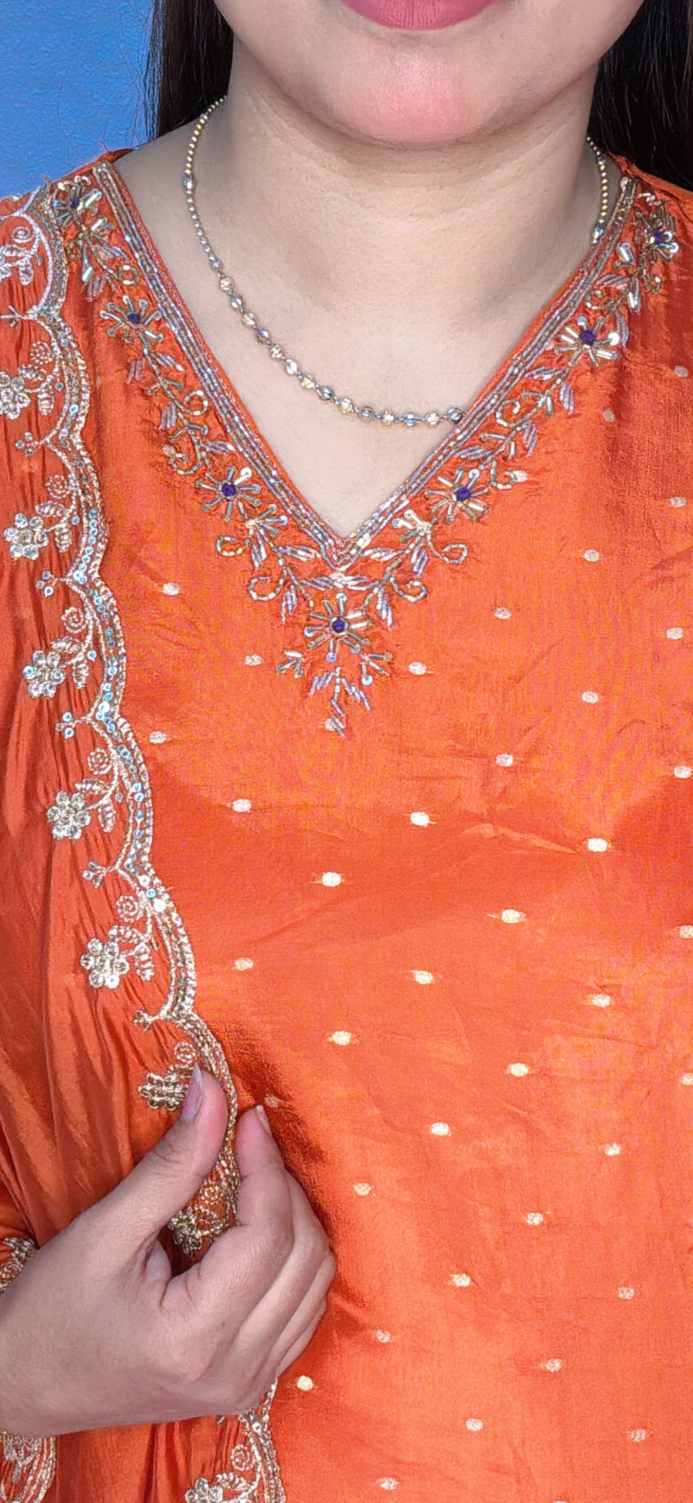 Rust Orange Embroidered Silk Suit Set