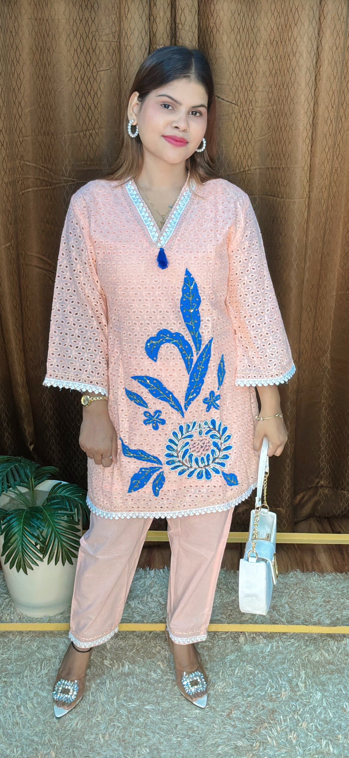 V Neck With Embroidery Cord set With White Lace Detailings