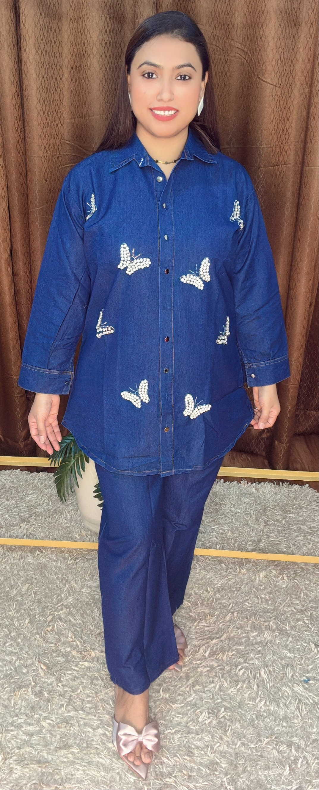 Pearl Butterfly Embellished Denim Co-ord Set