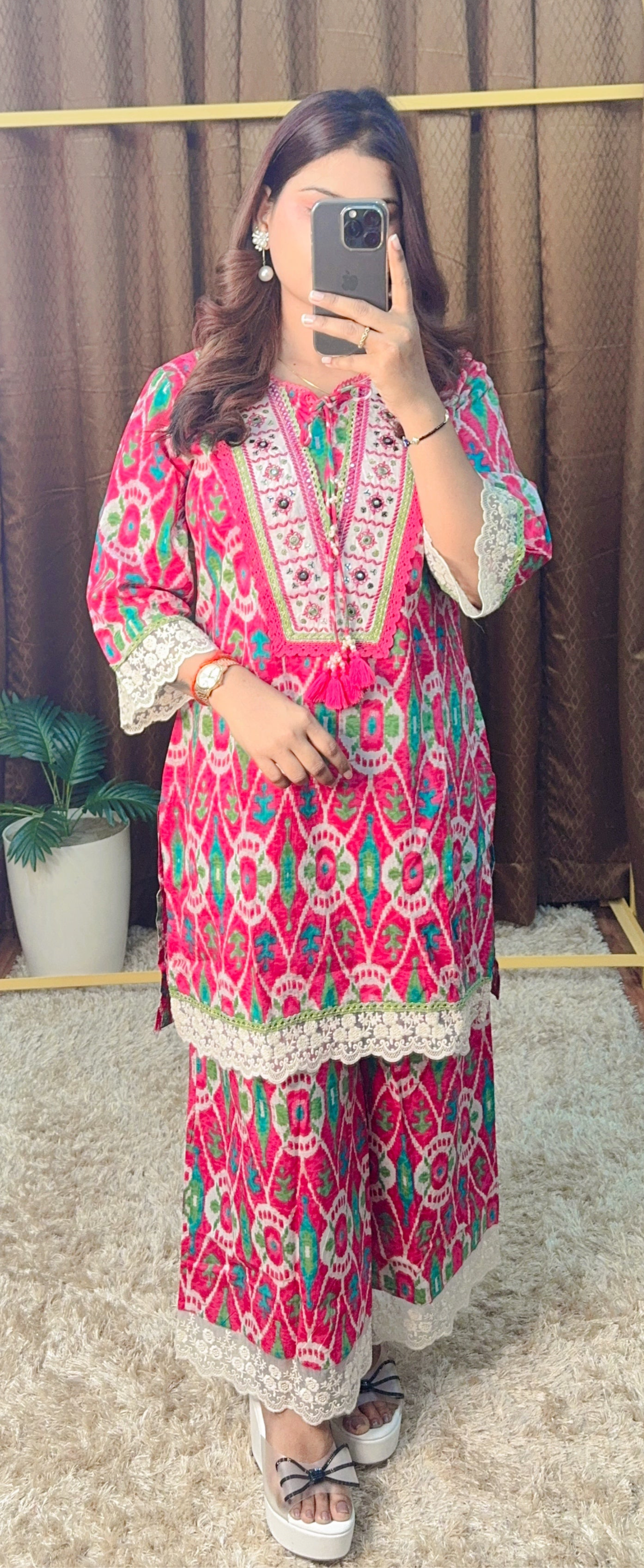 Vibrant Ikat Charm Cotton Co-Ord Set with Lace Detailing