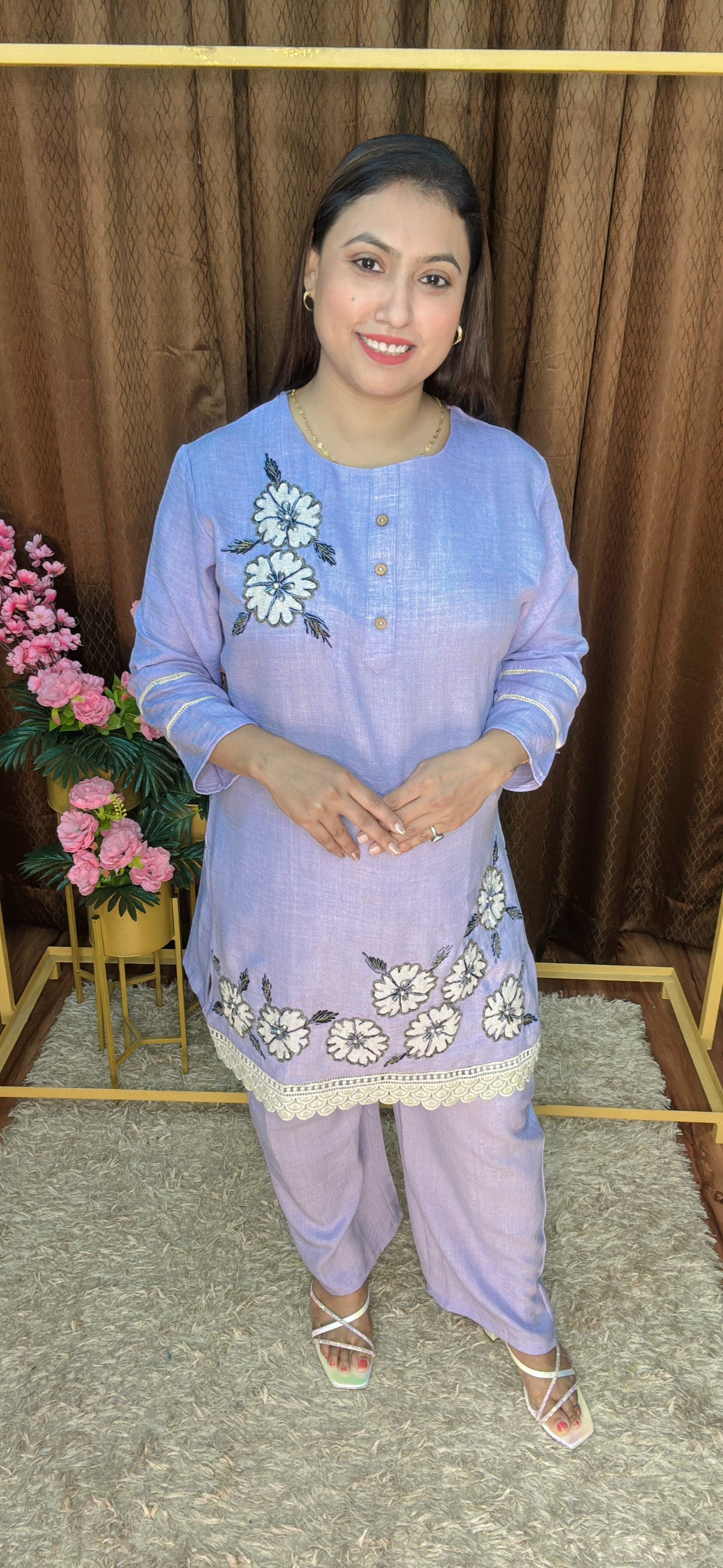 Two Flower Embroidery Khadi Cotton Cord Set