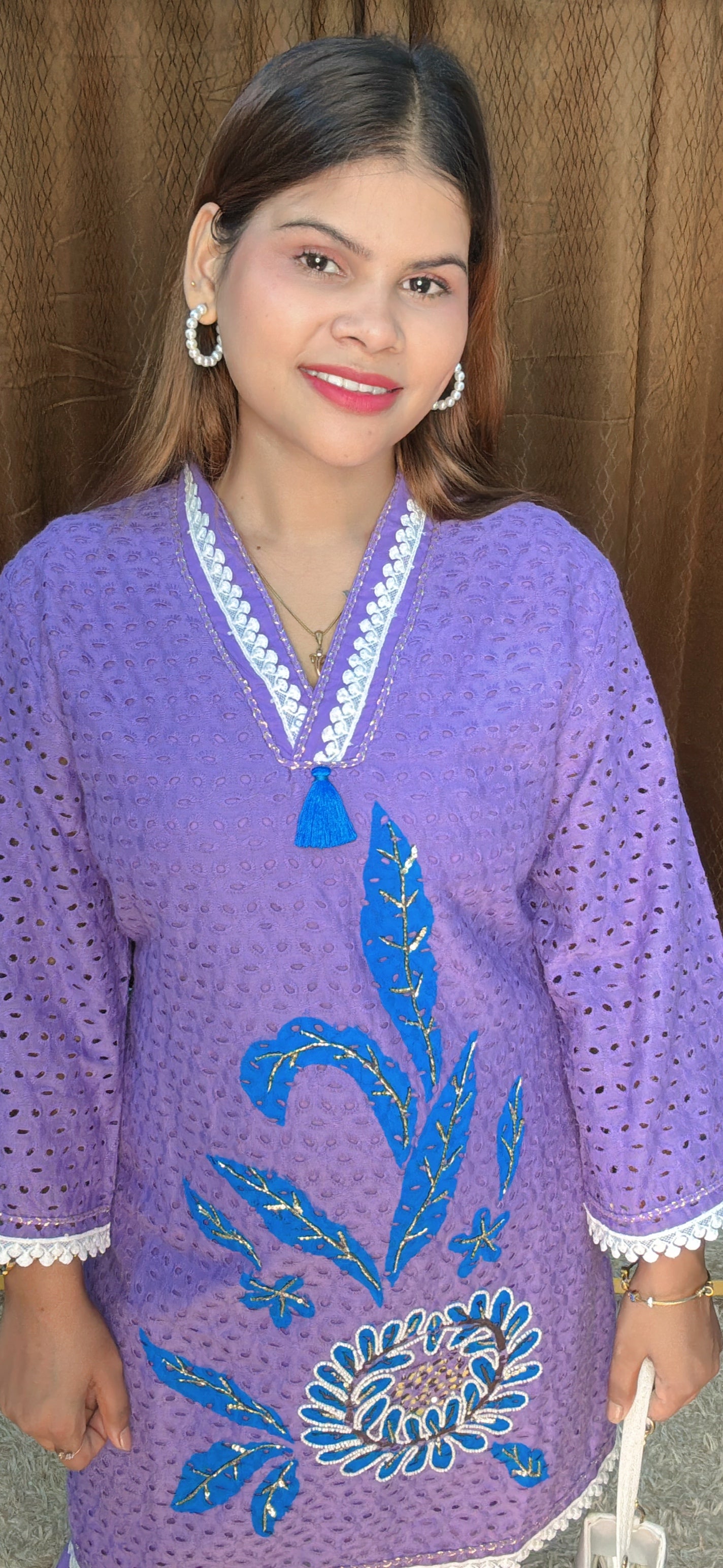 V Neck With Embroidery Cord set With White Lace Detailings