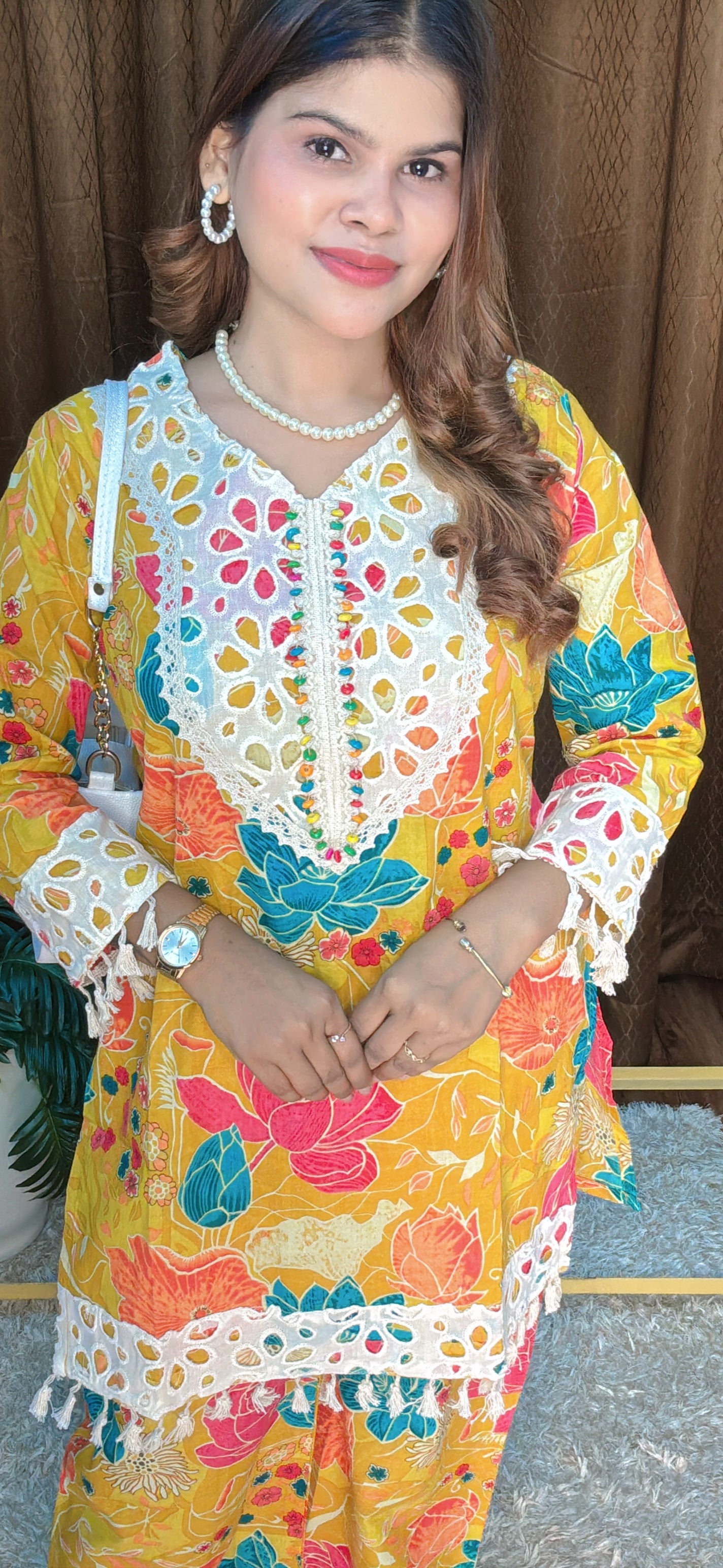 Sunshine Bloom Floral Co-ord Set with Crochet Detailing