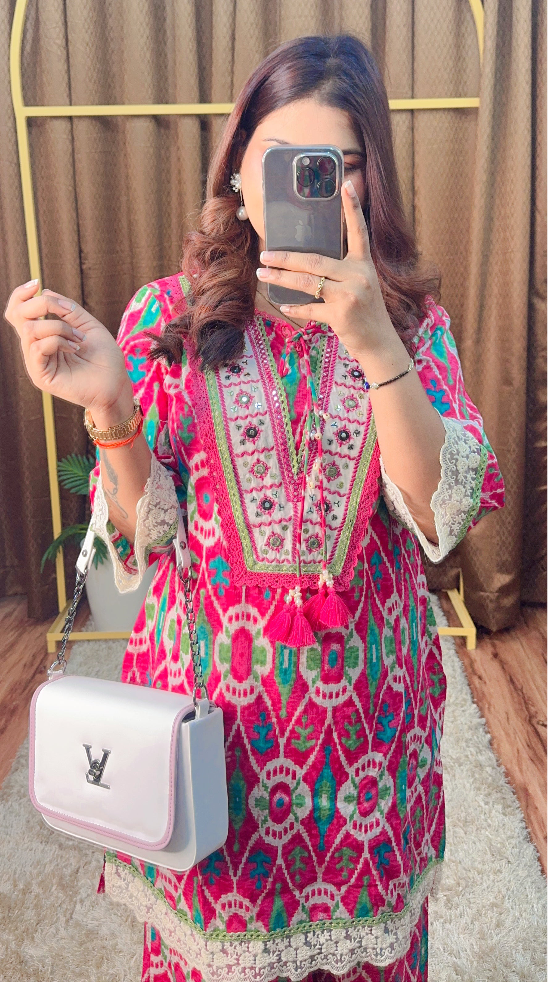 Vibrant Ikat Charm Cotton Co-Ord Set with Lace Detailing