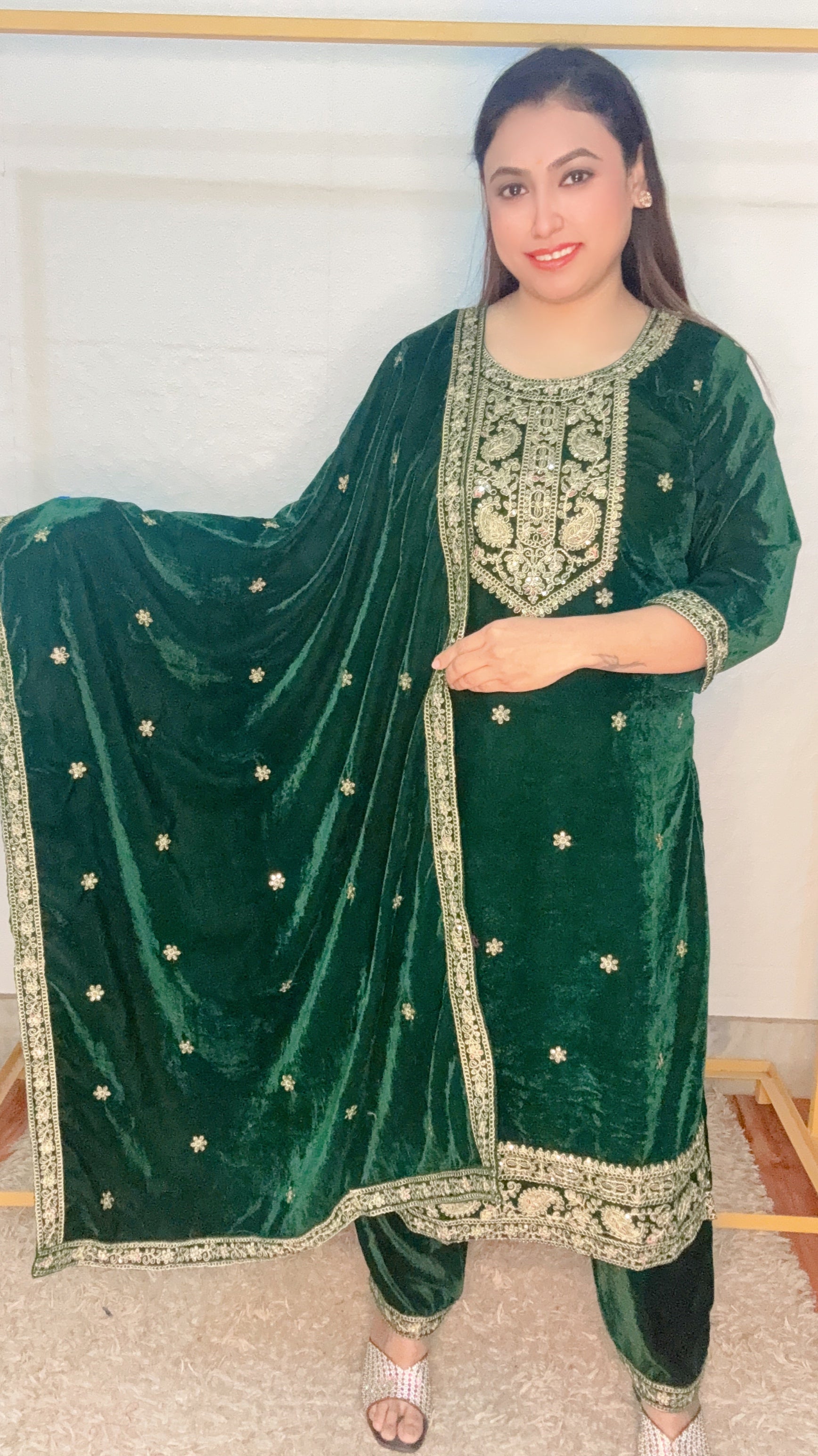 Zari Work Pure Velvet 3pcs Kurti set