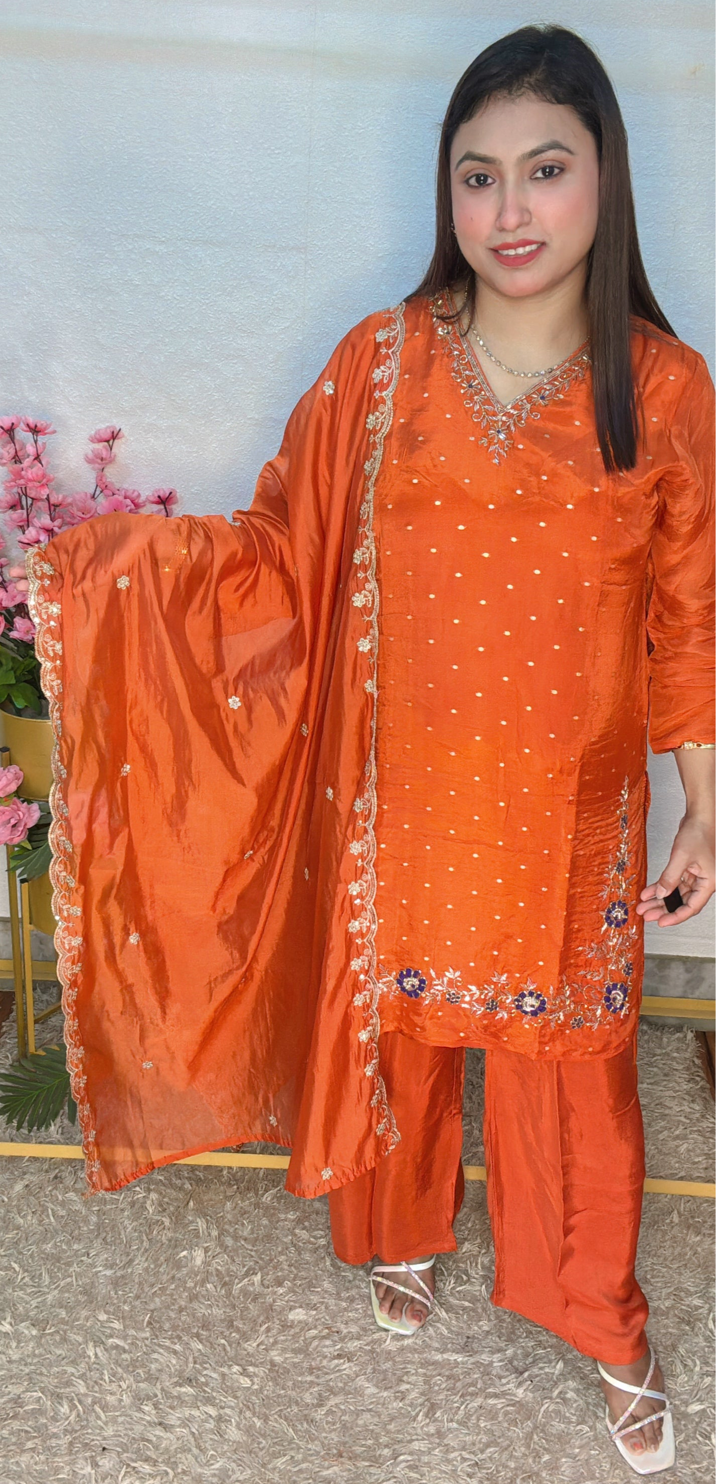 Rust Orange Embroidered Silk Suit Set