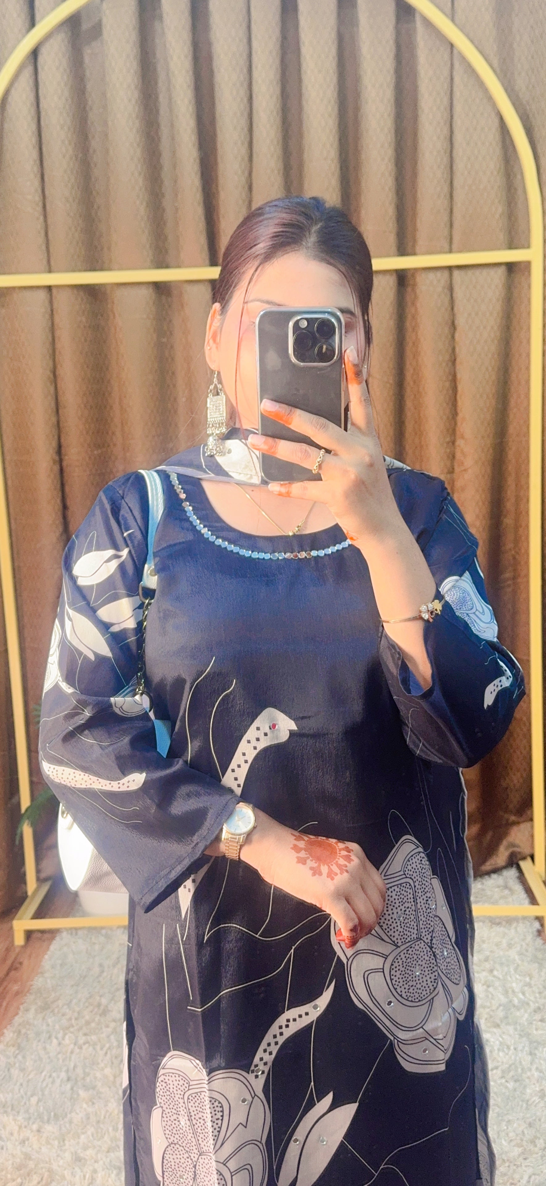 Digital Printed Silk Suit With Real Mirror Work Detailings All Over The Suit