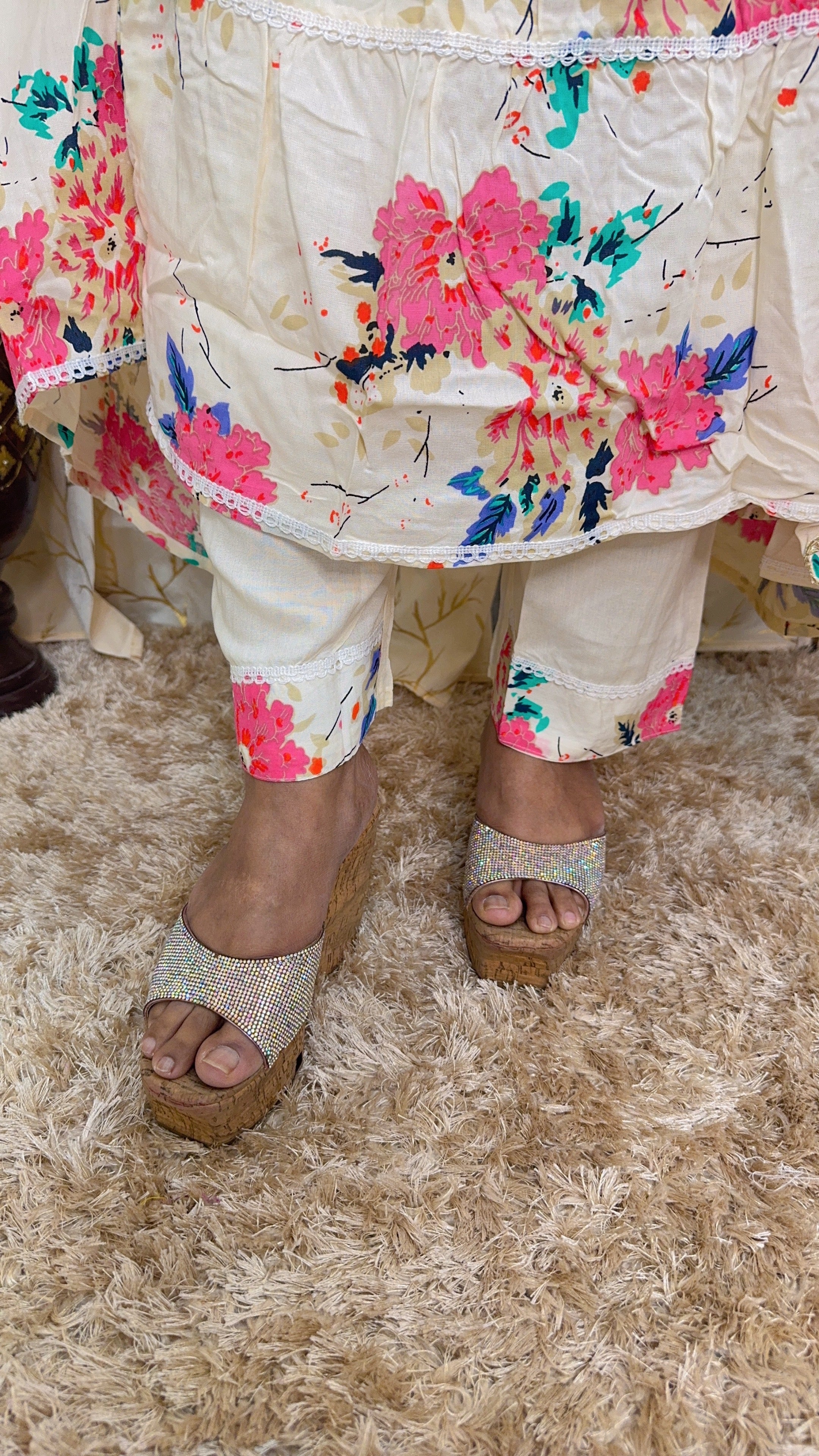 Floral Printed Pure Cotton Anarkali Suit Set With Dupatta