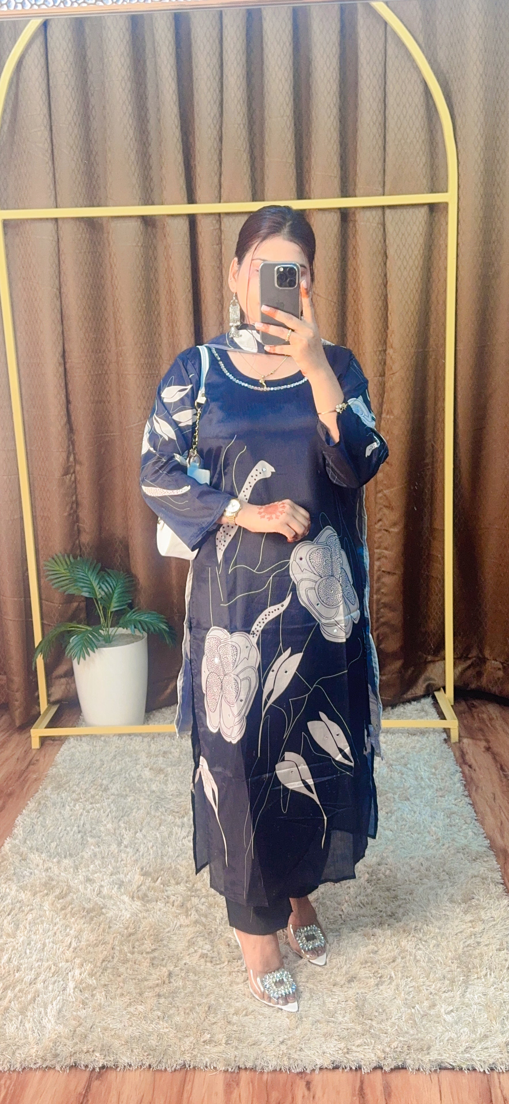 Digital Printed Silk Suit With Real Mirror Work Detailings All Over The Suit