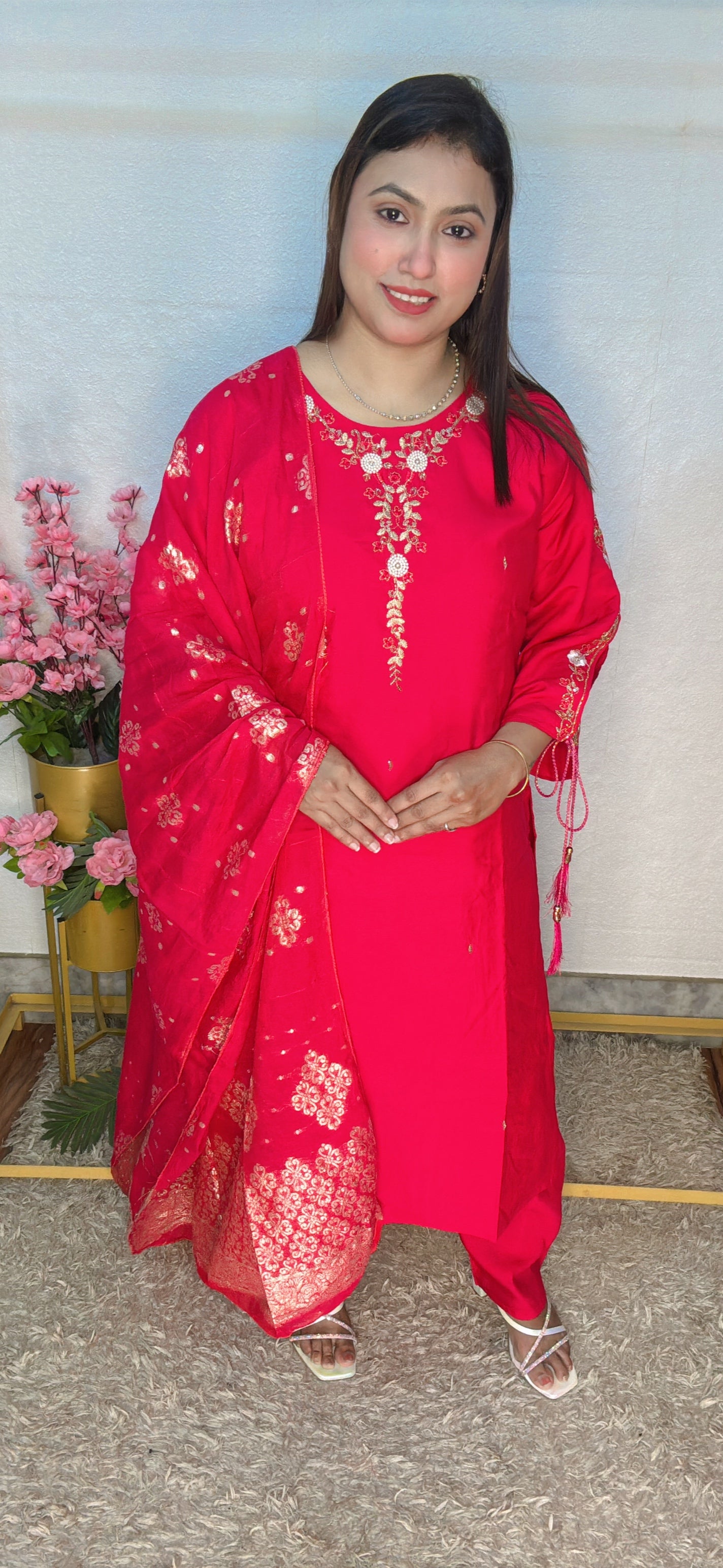 Embroidered Crimson Kurta Set with Banarasi Dupatta