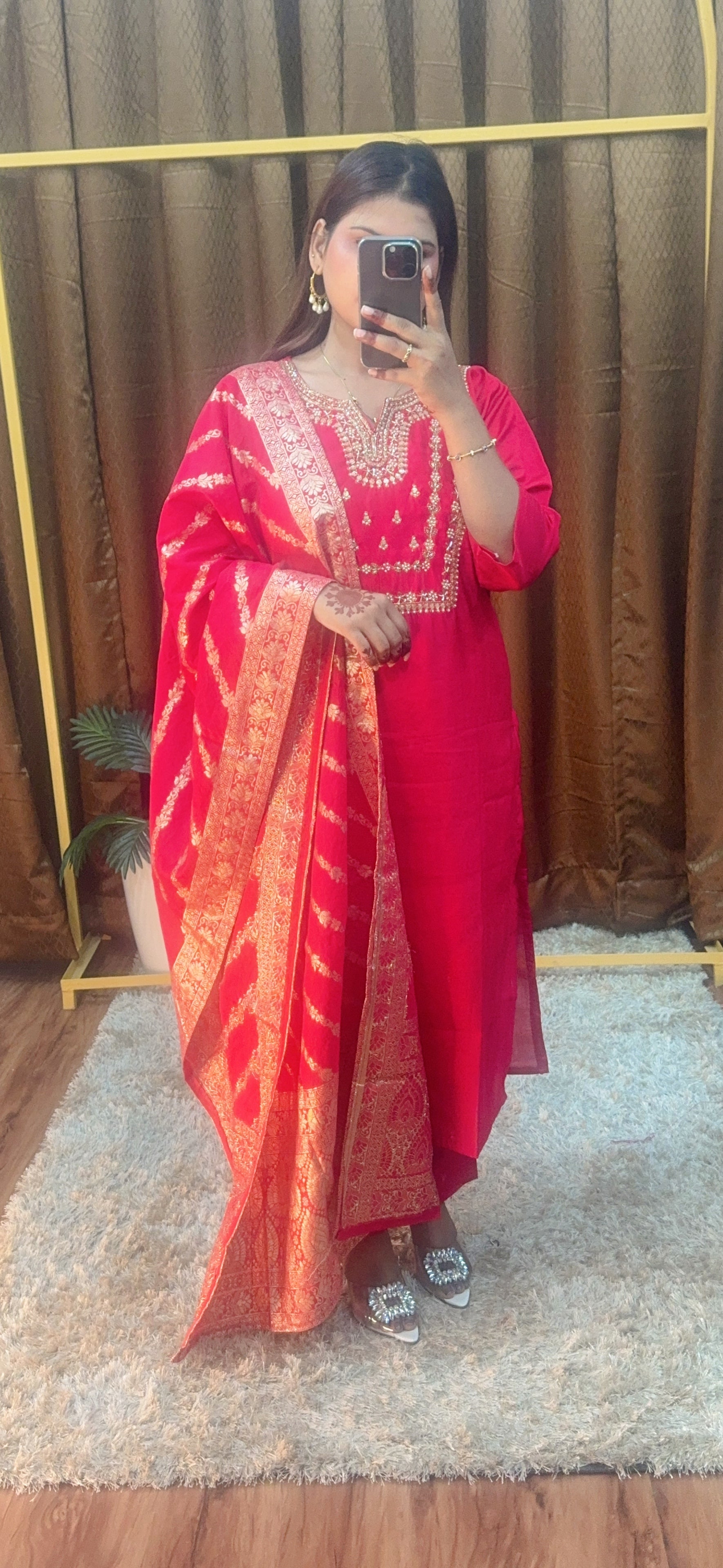 Beautiful Neck Embroidery Designer Silk Suit Set With Banarsi Dupatta