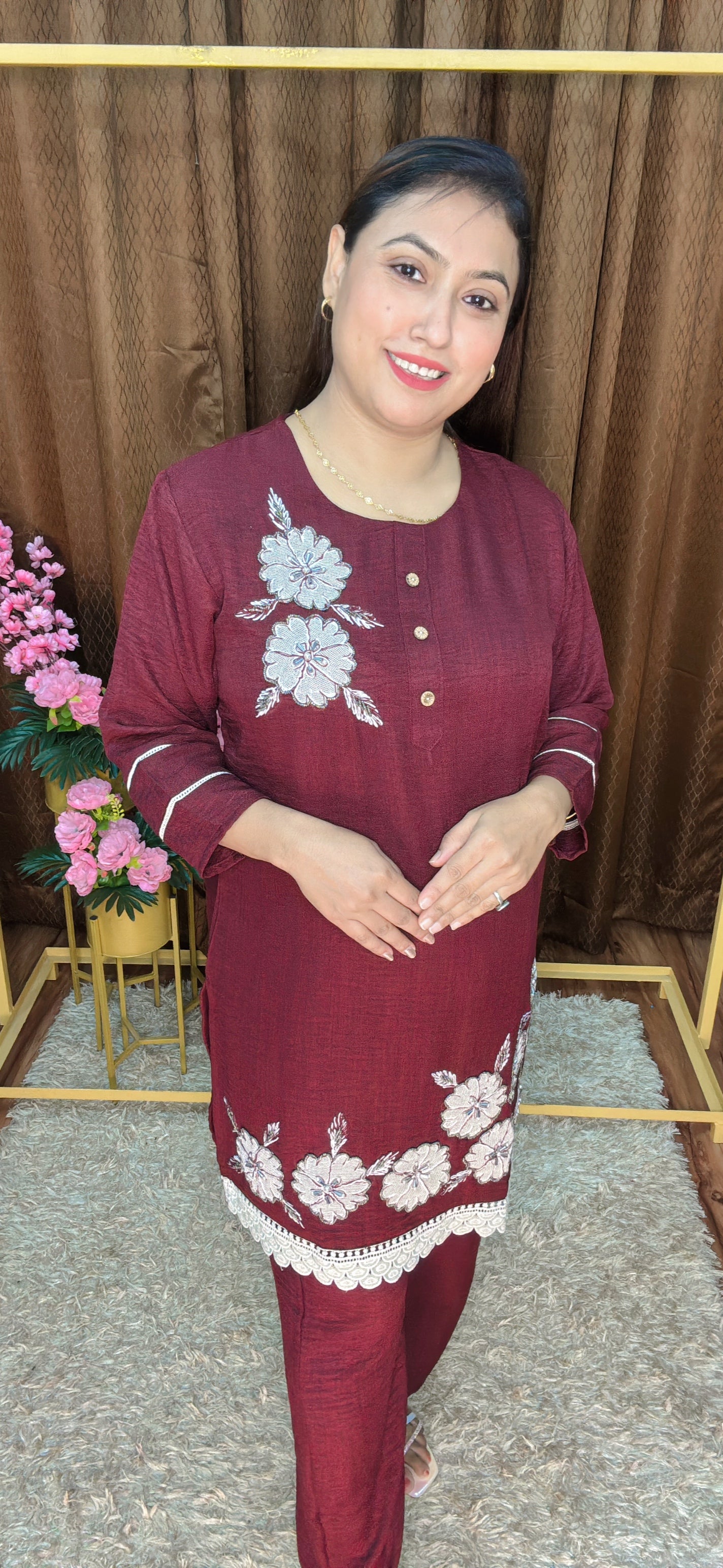 Two Flower Embroidery Khadi Cotton Cord Set