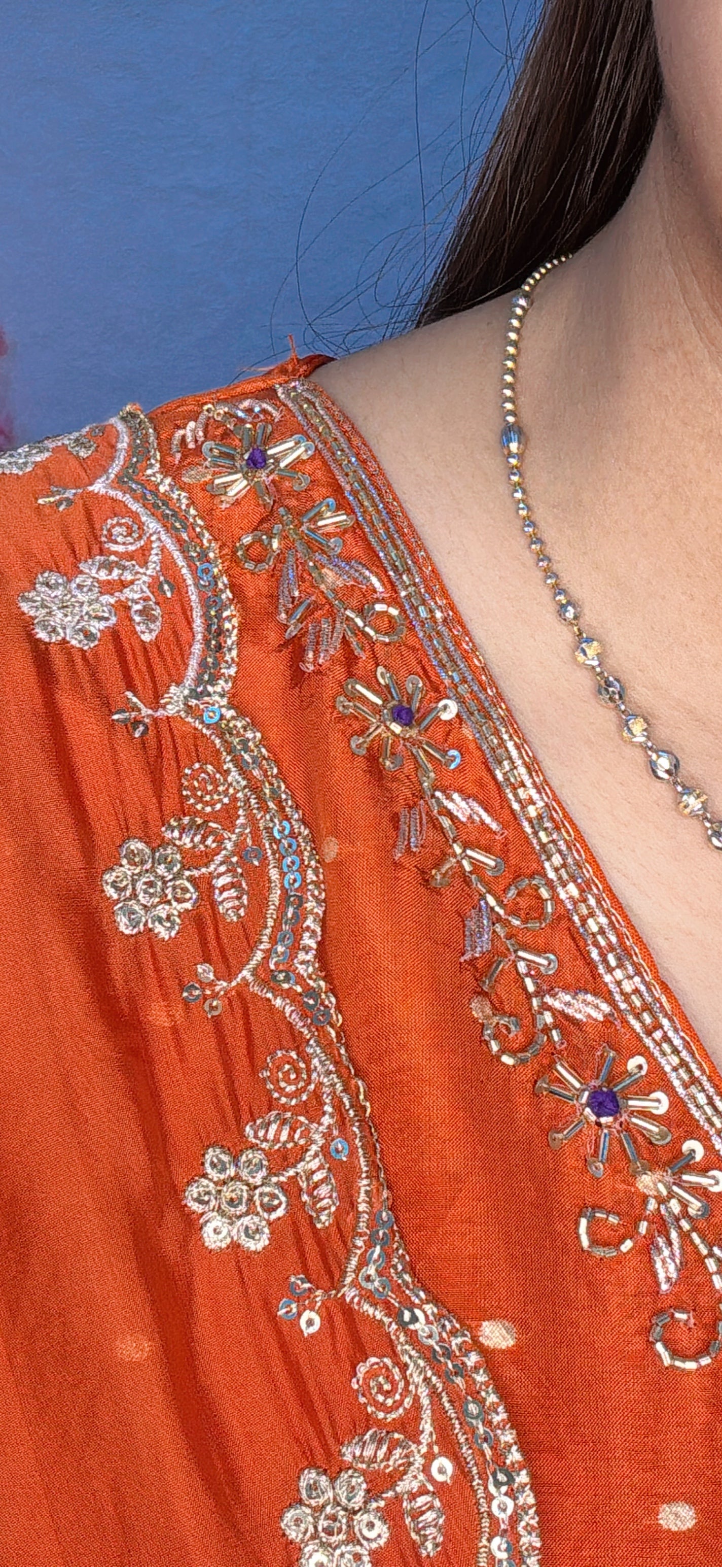 Rust Orange Embroidered Silk Suit Set