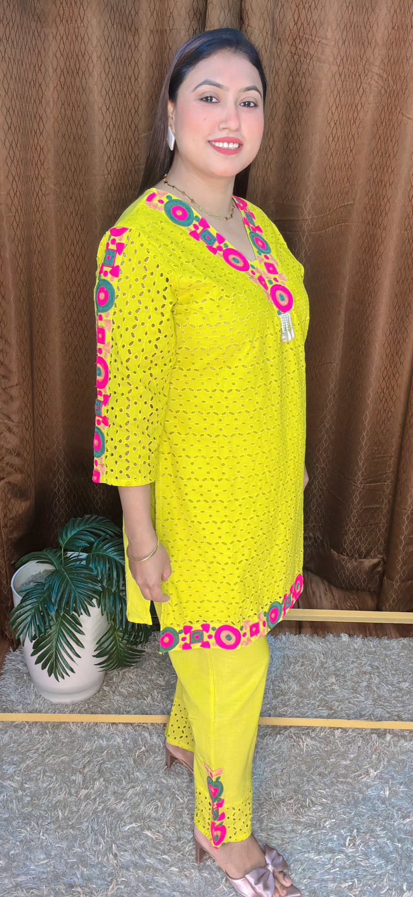 Embroidered Neon Yellow Cotton Kurta Pant Set