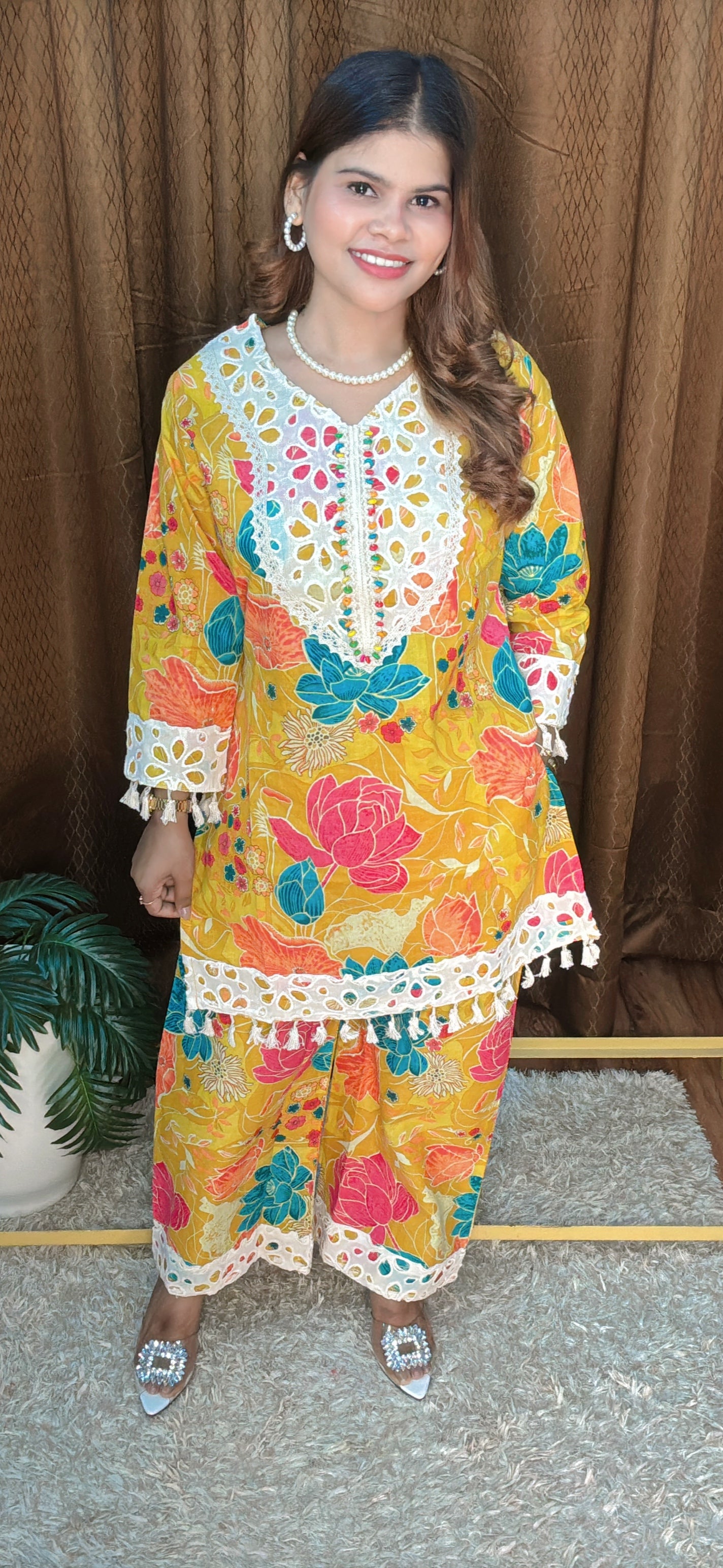 Sunshine Bloom Floral Co-ord Set with Crochet Detailing