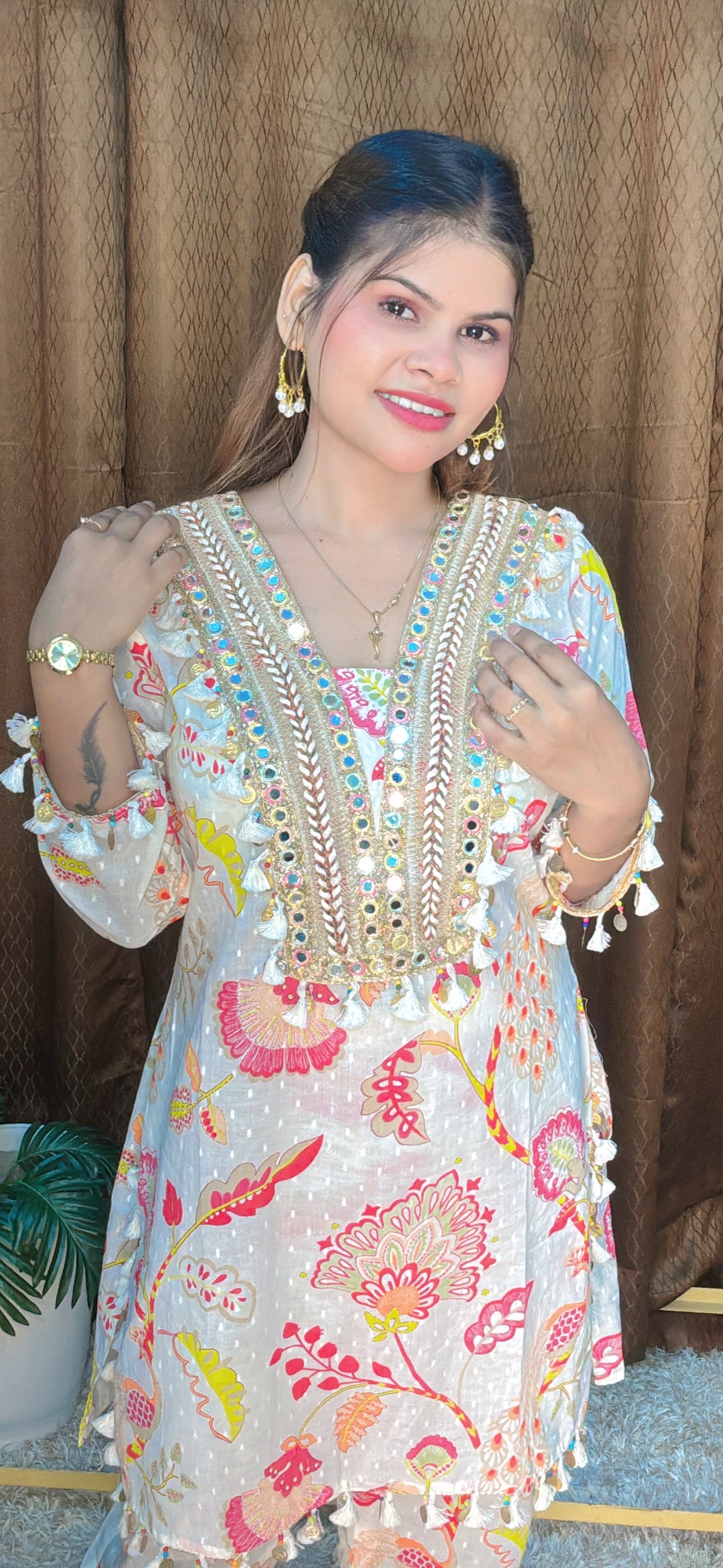 Festive Floral Printed Kurta Set with Sparkling Accents
