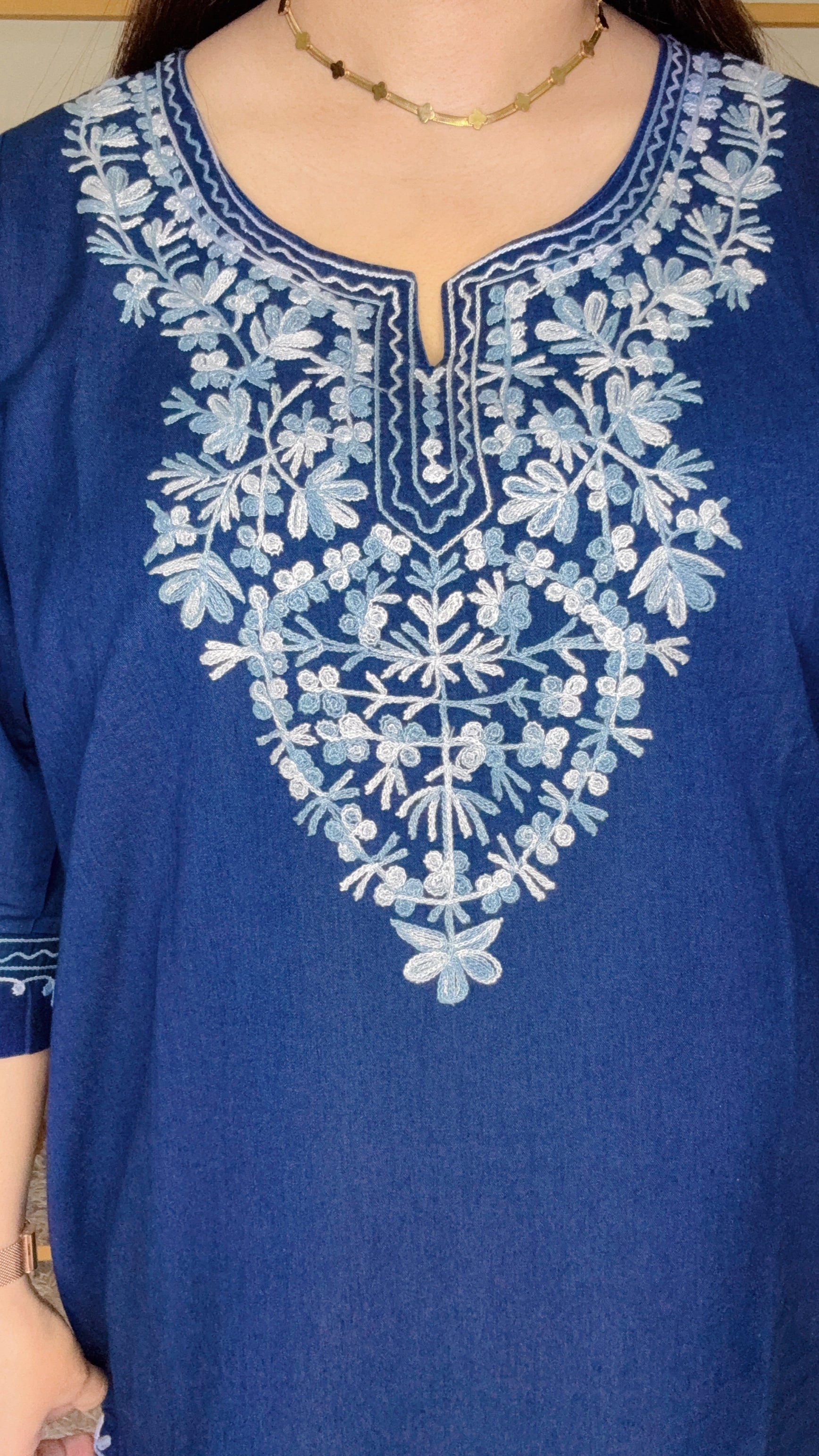 Long Denim Kurti Cord Set Withi White Thread Work