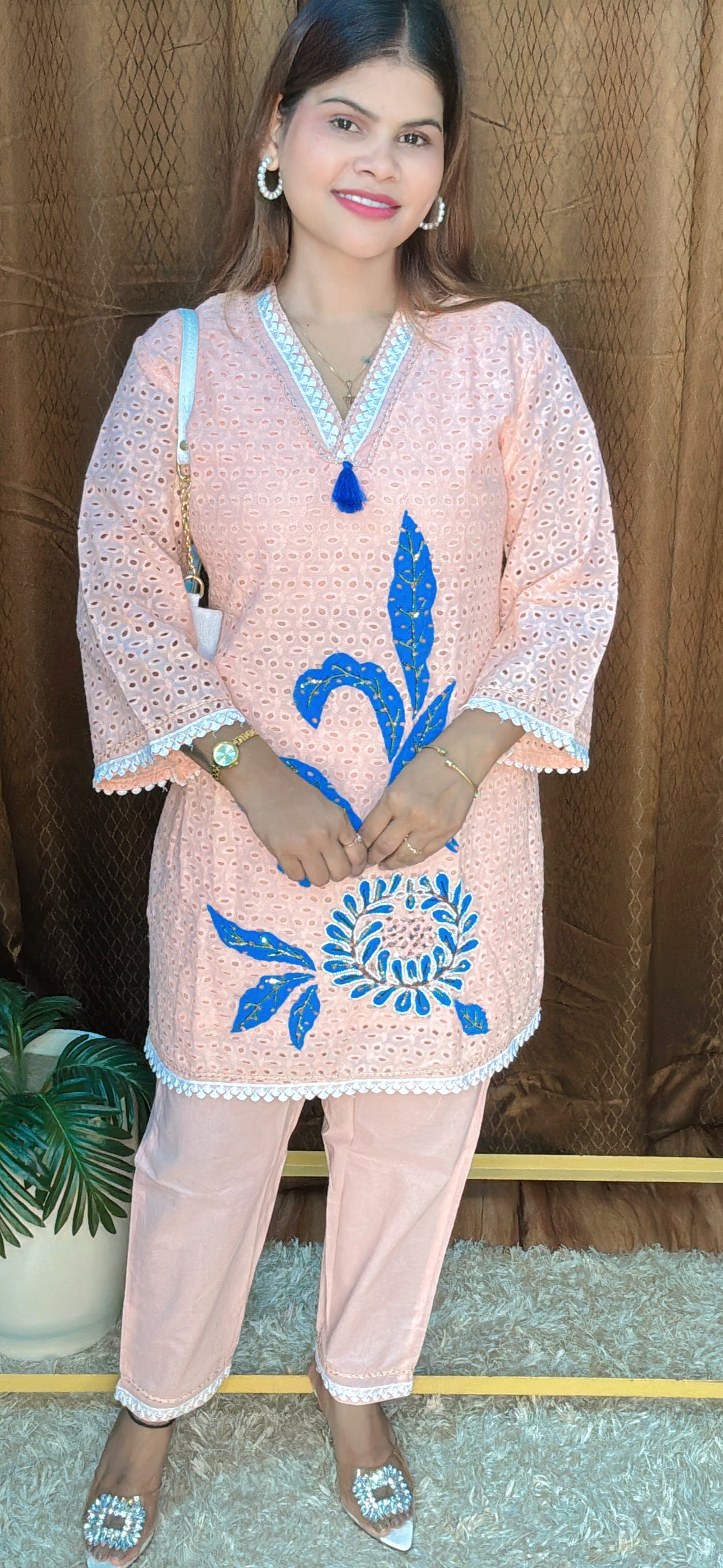 V Neck With Embroidery Cord set With White Lace Detailings