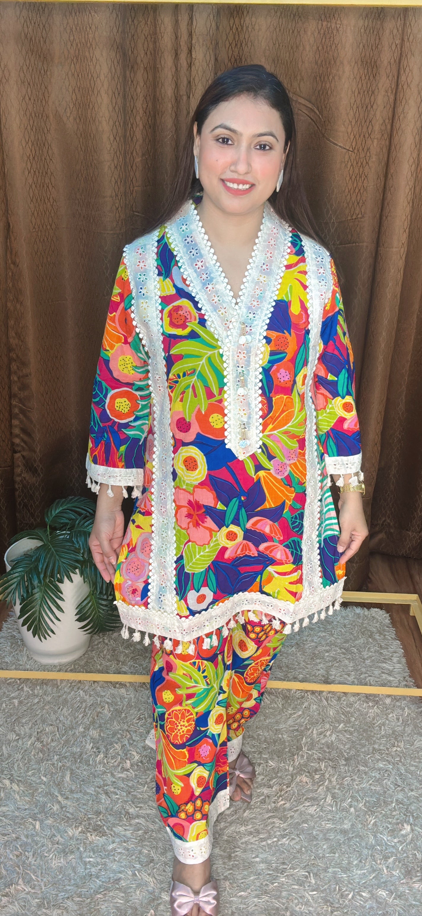 Tropical Glow Multicolor Cotton lace Co-ord