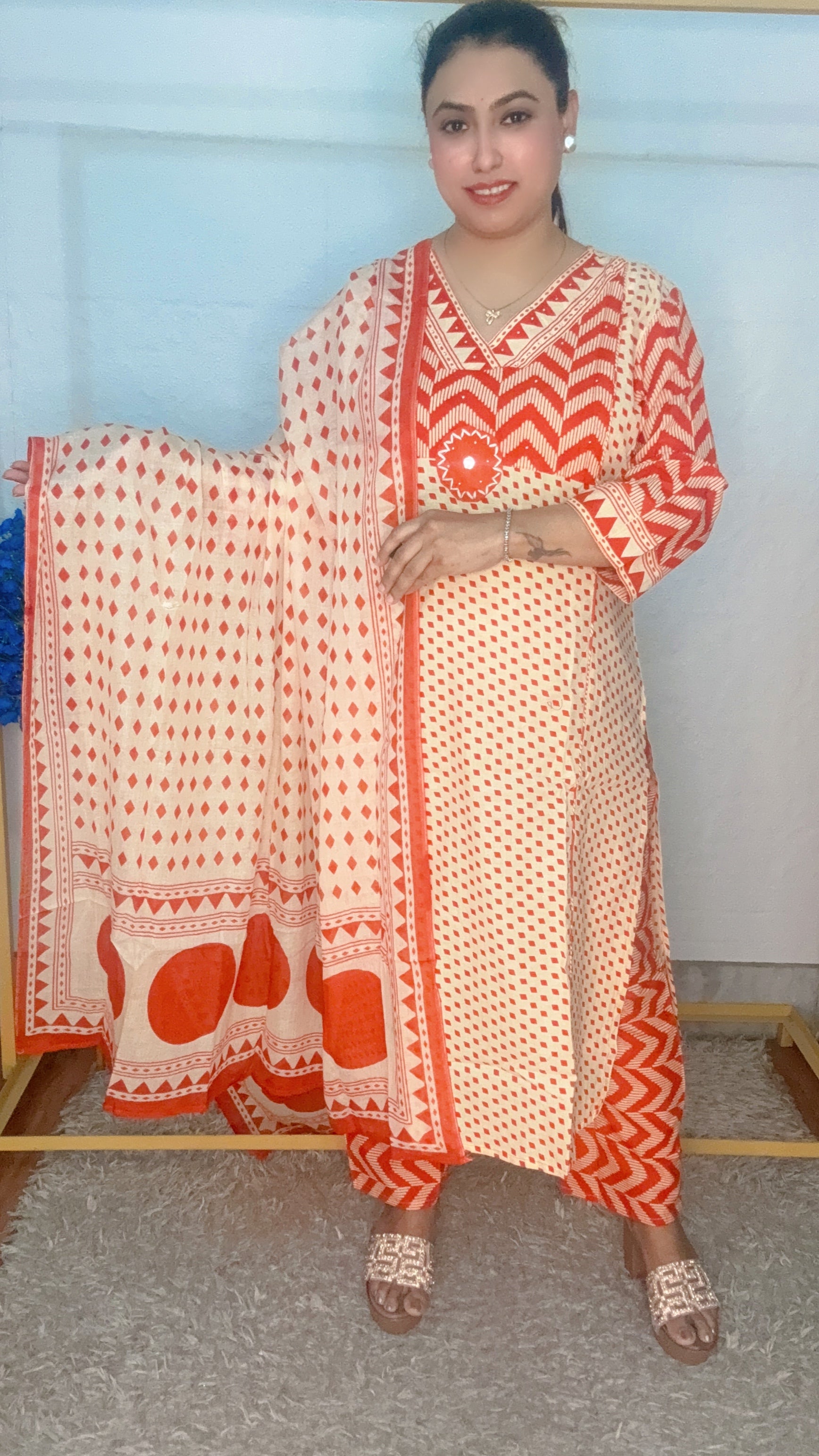 Zigzag digital printed cotton suit set