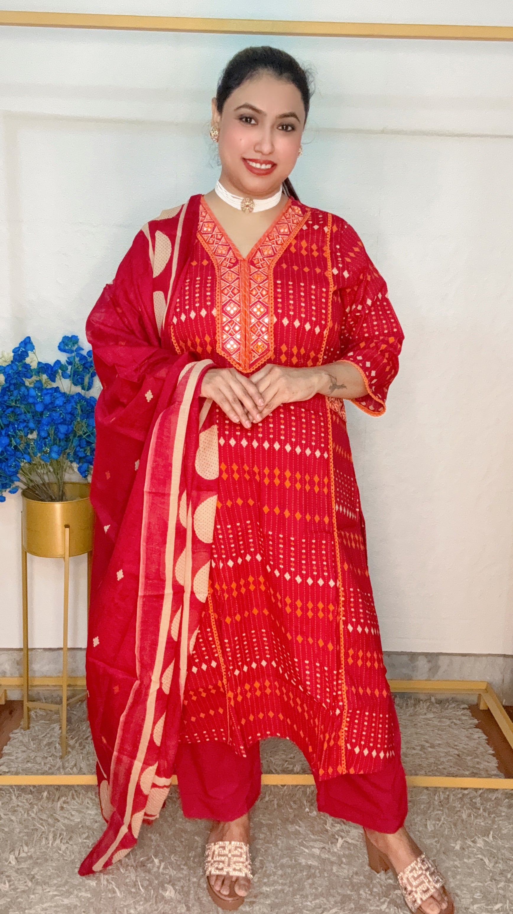 Rust orange pure cotton Kantha printed suit set