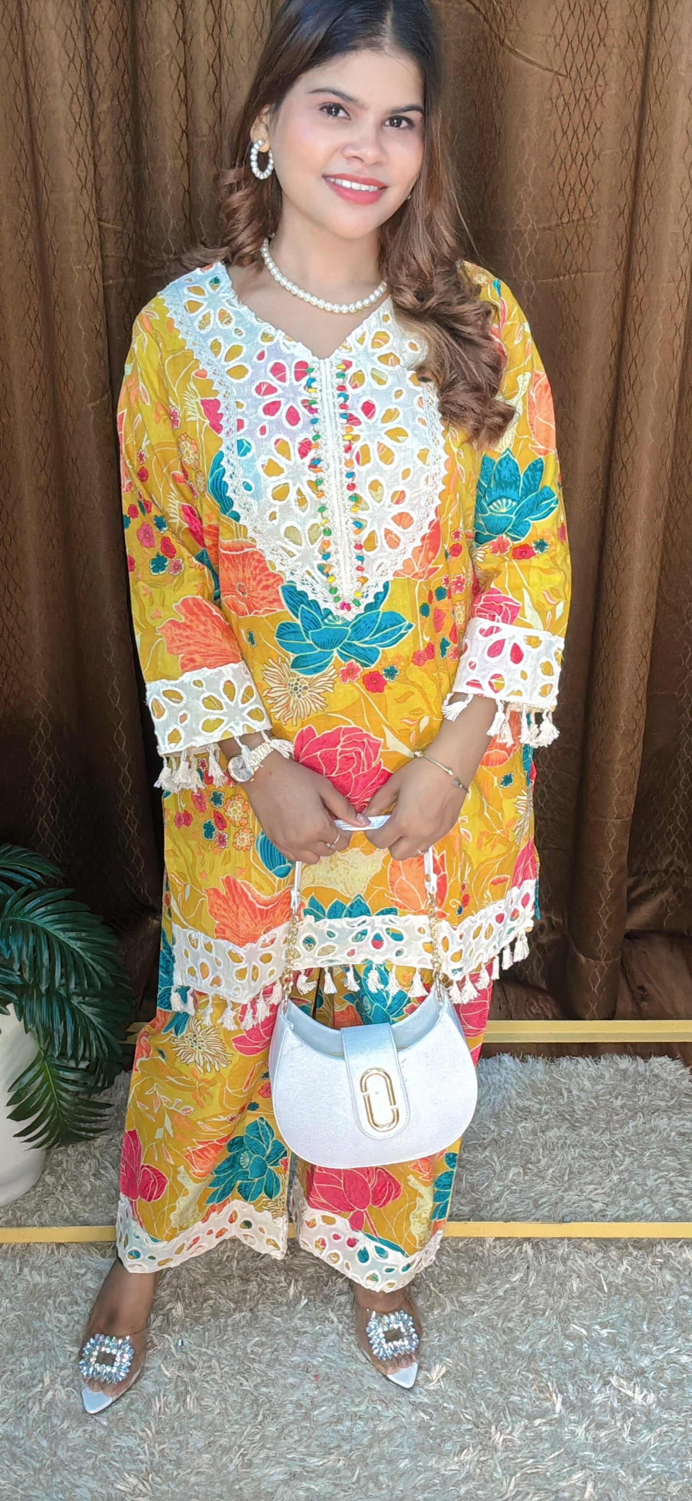 Sunshine Bloom Floral Co-ord Set with Crochet Detailing