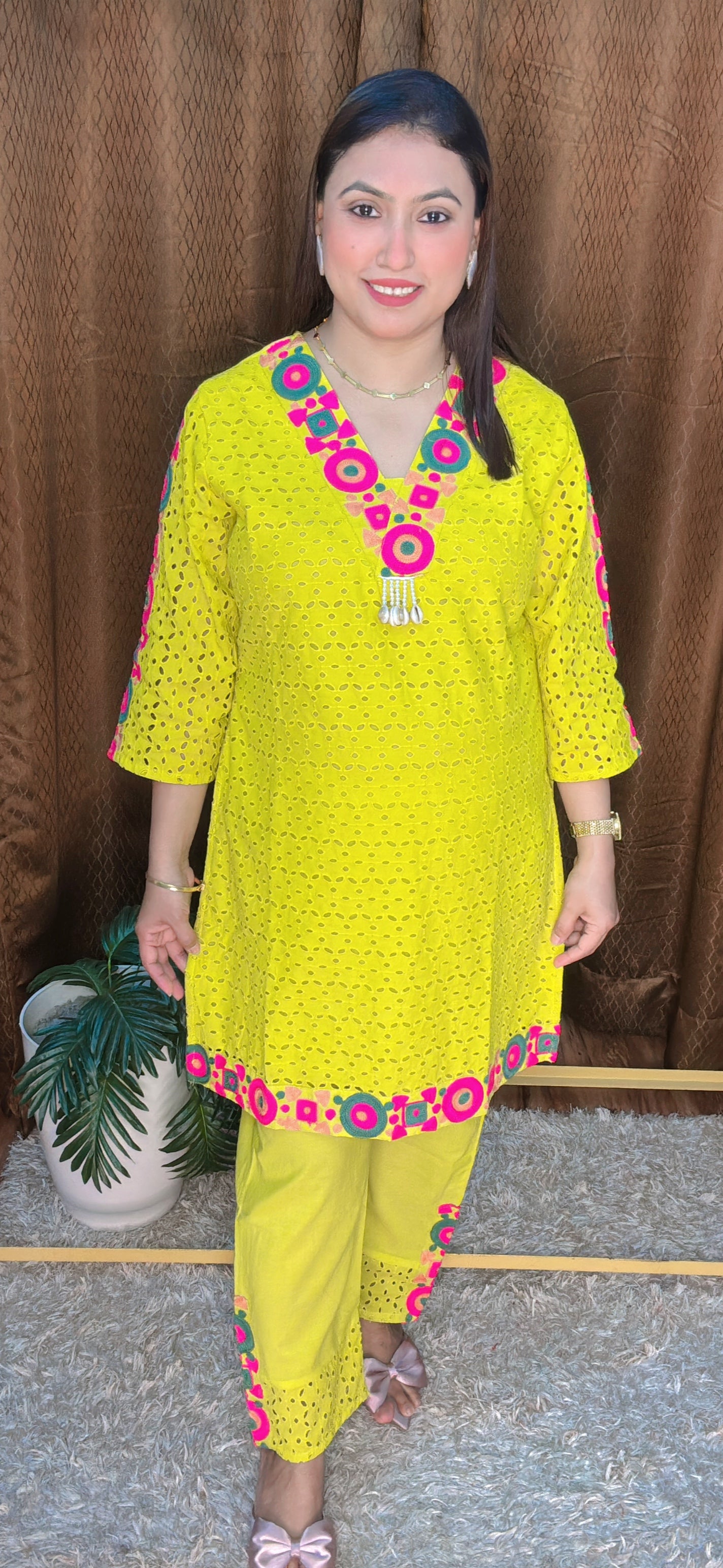 Embroidered Neon Yellow Cotton Kurta Pant Set