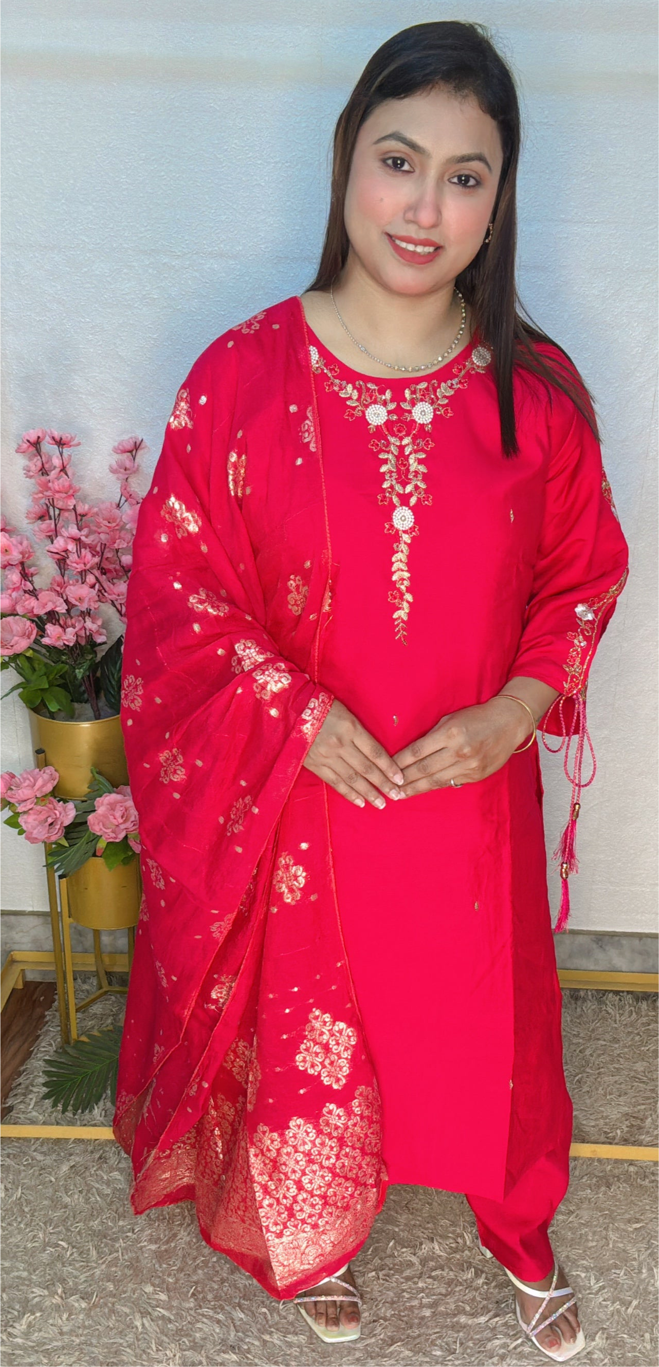 Embroidered Crimson Kurta Set with Banarasi Dupatta