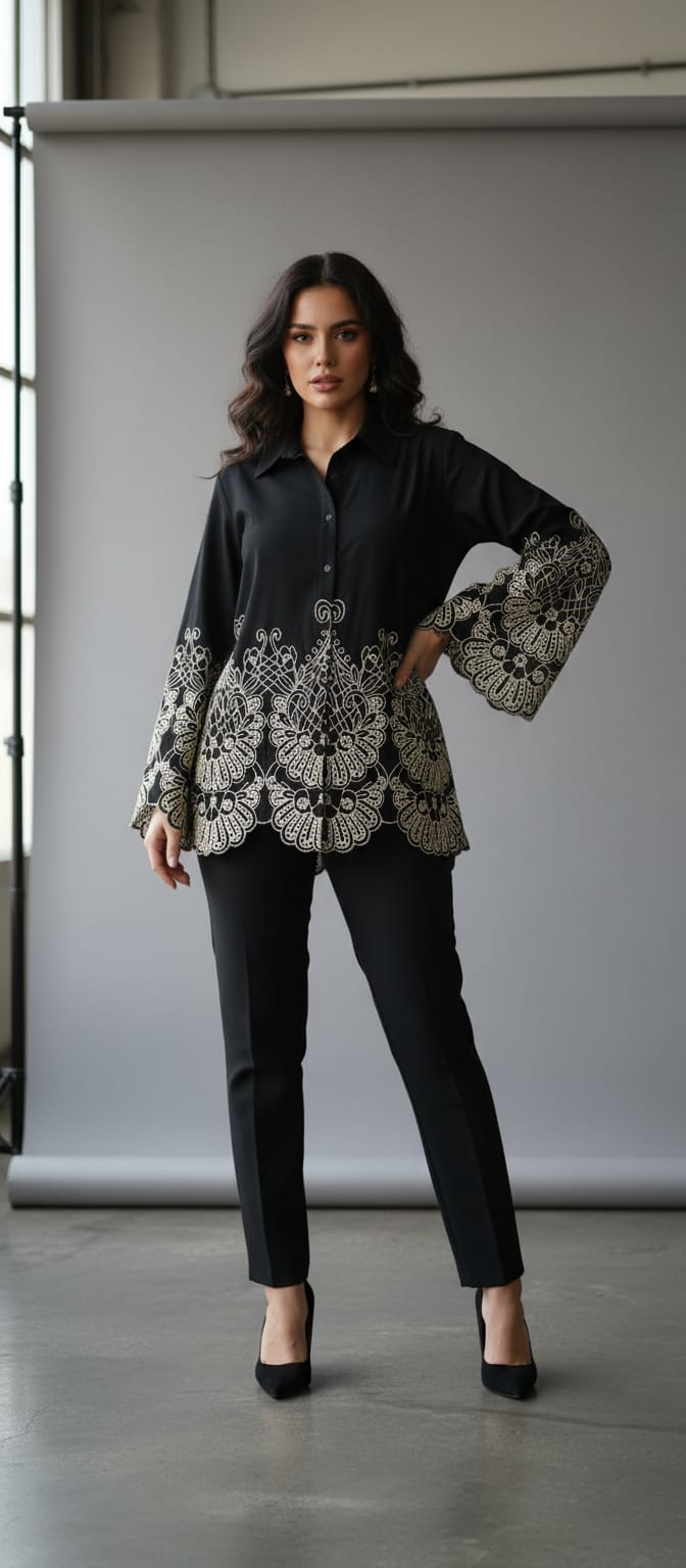 Shirt with umbrella sleeves and scalping thread work ￼