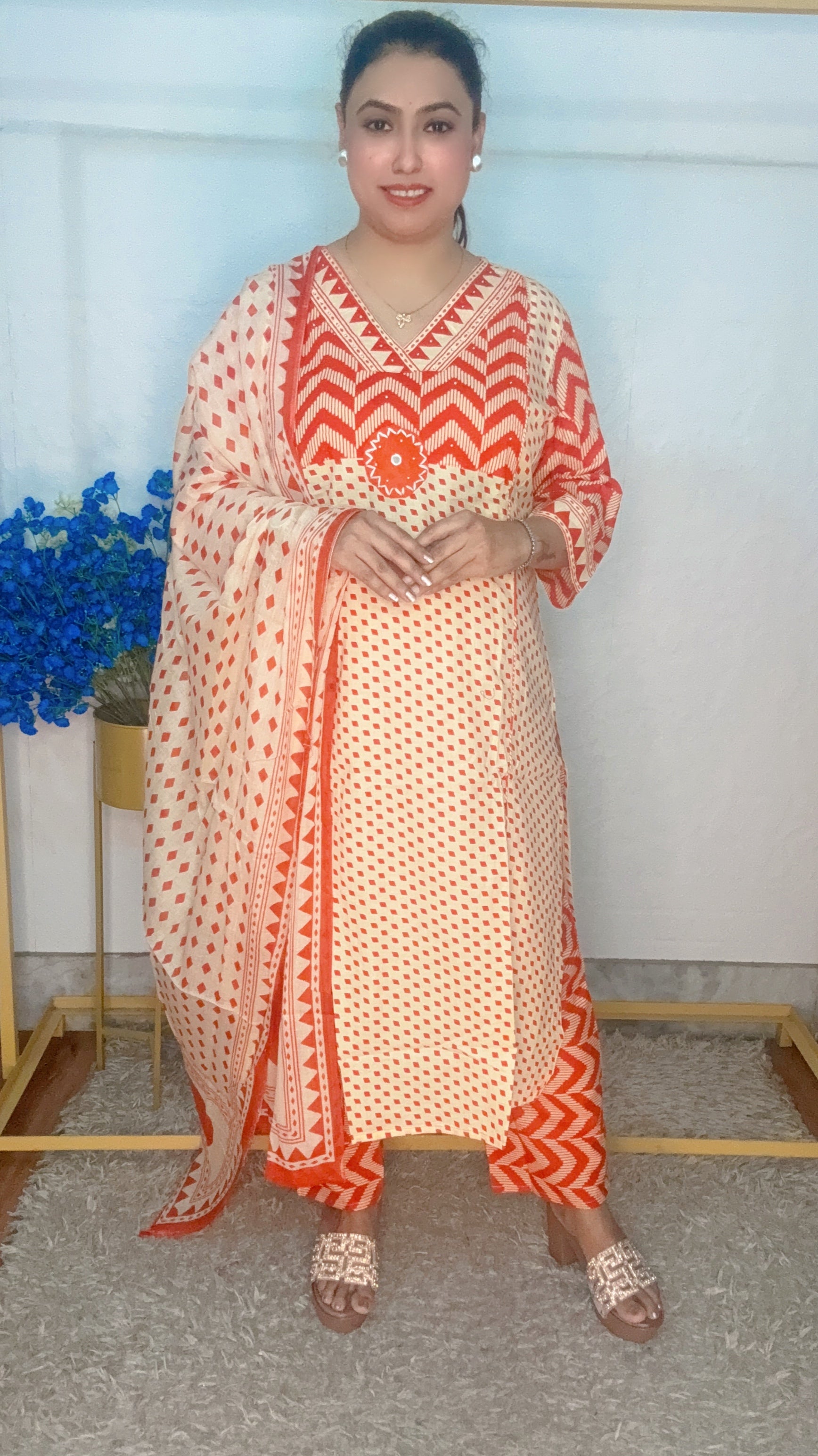 Zigzag digital printed cotton suit set