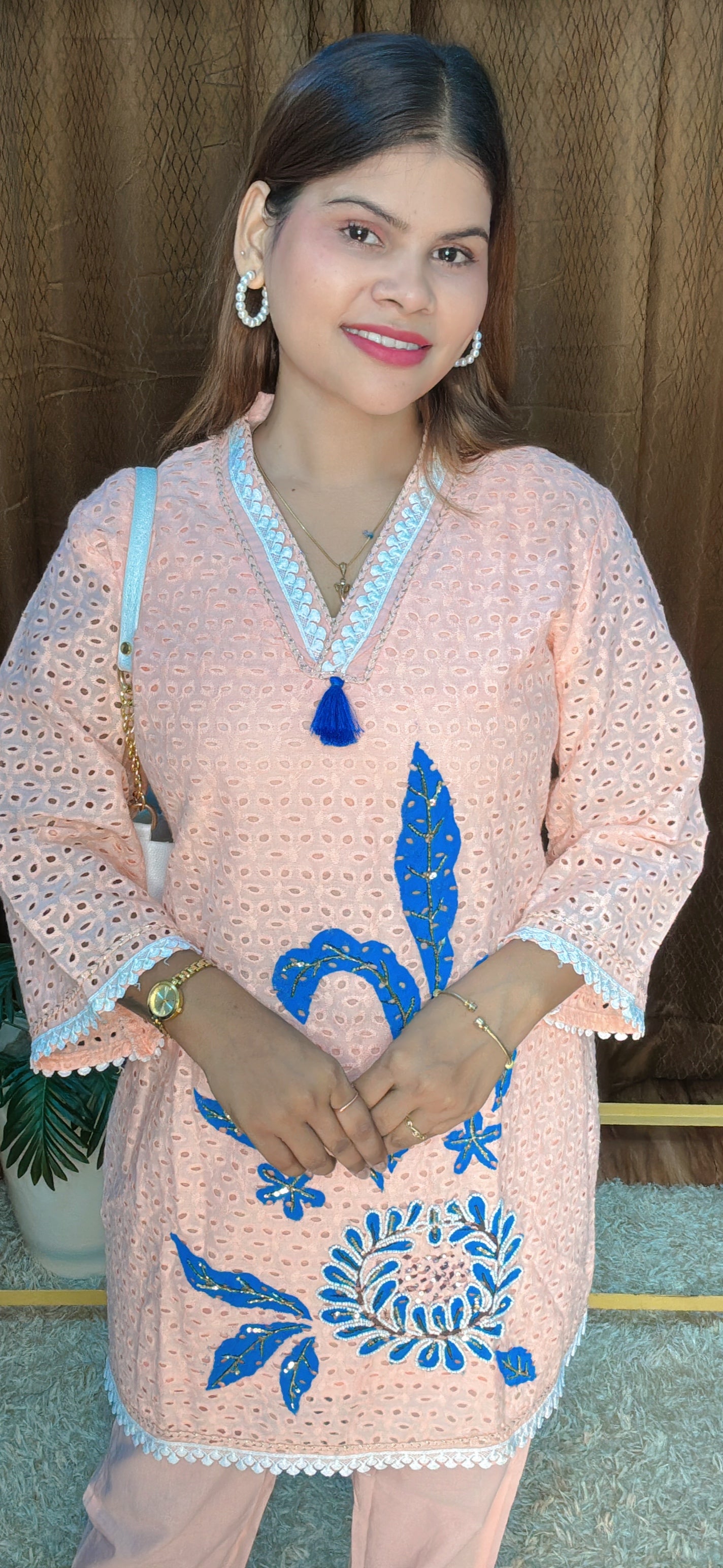 V Neck With Embroidery Cord set With White Lace Detailings