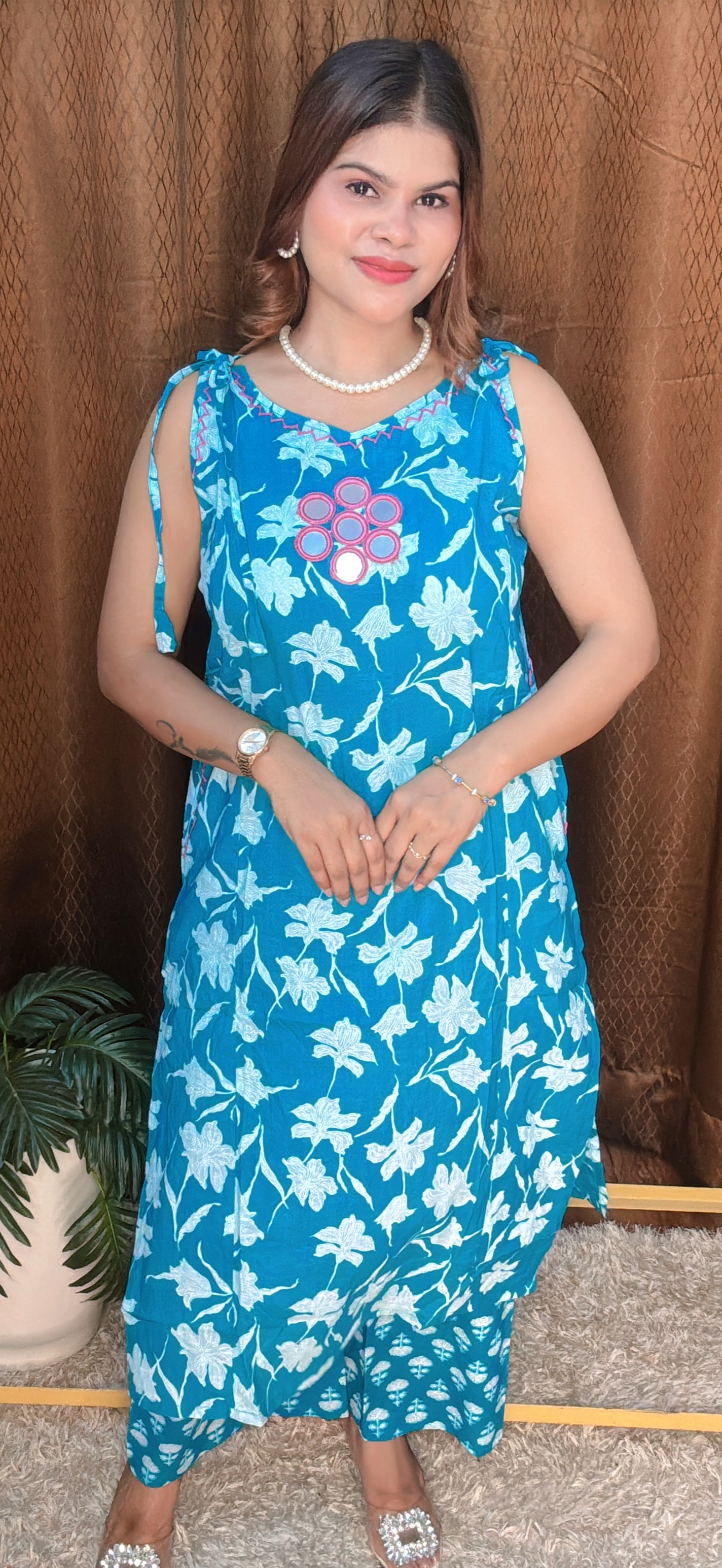 Fresh Bloom Blue mirrored Cotton Kurta Set
