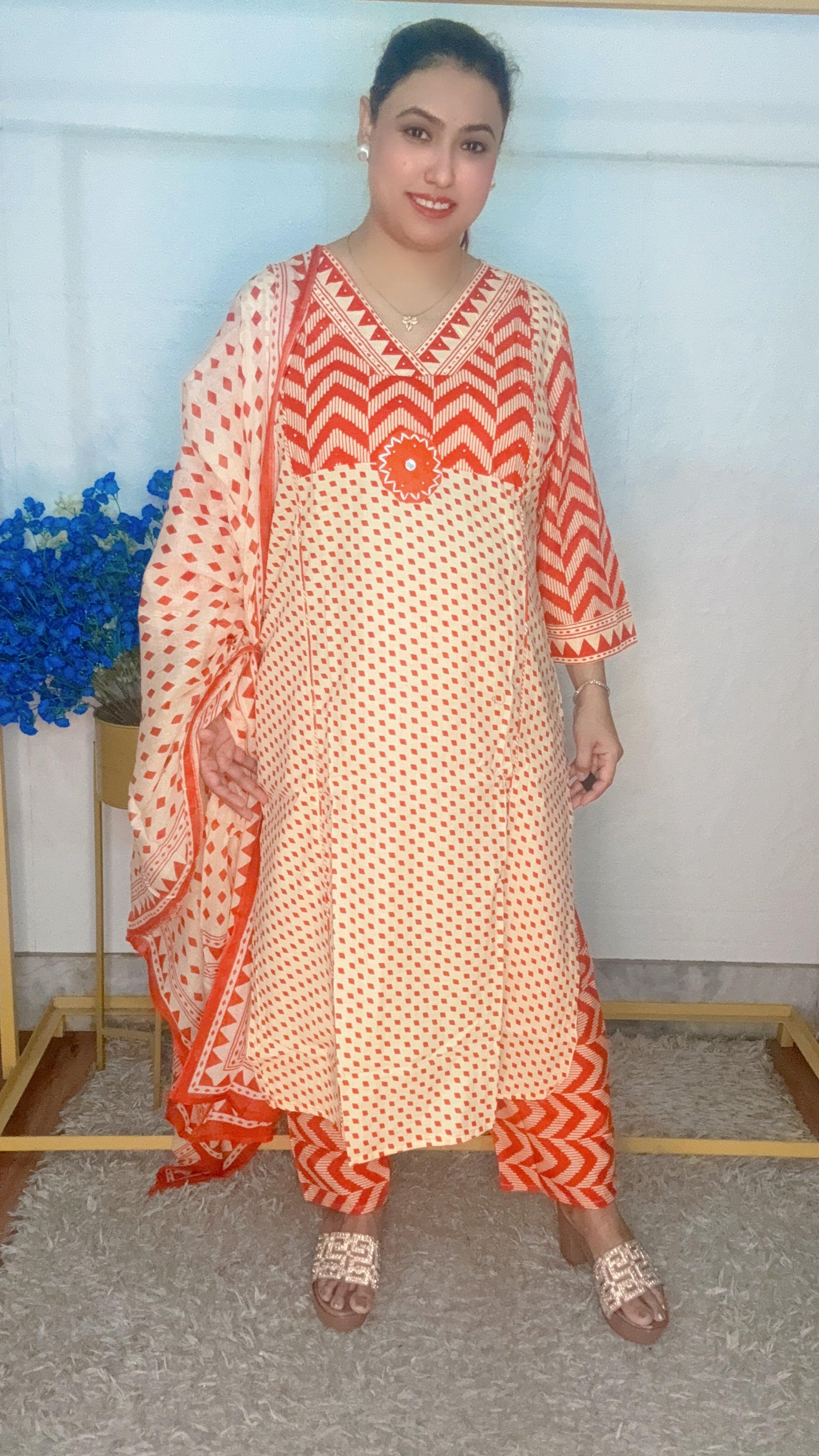 Zigzag digital printed cotton suit set