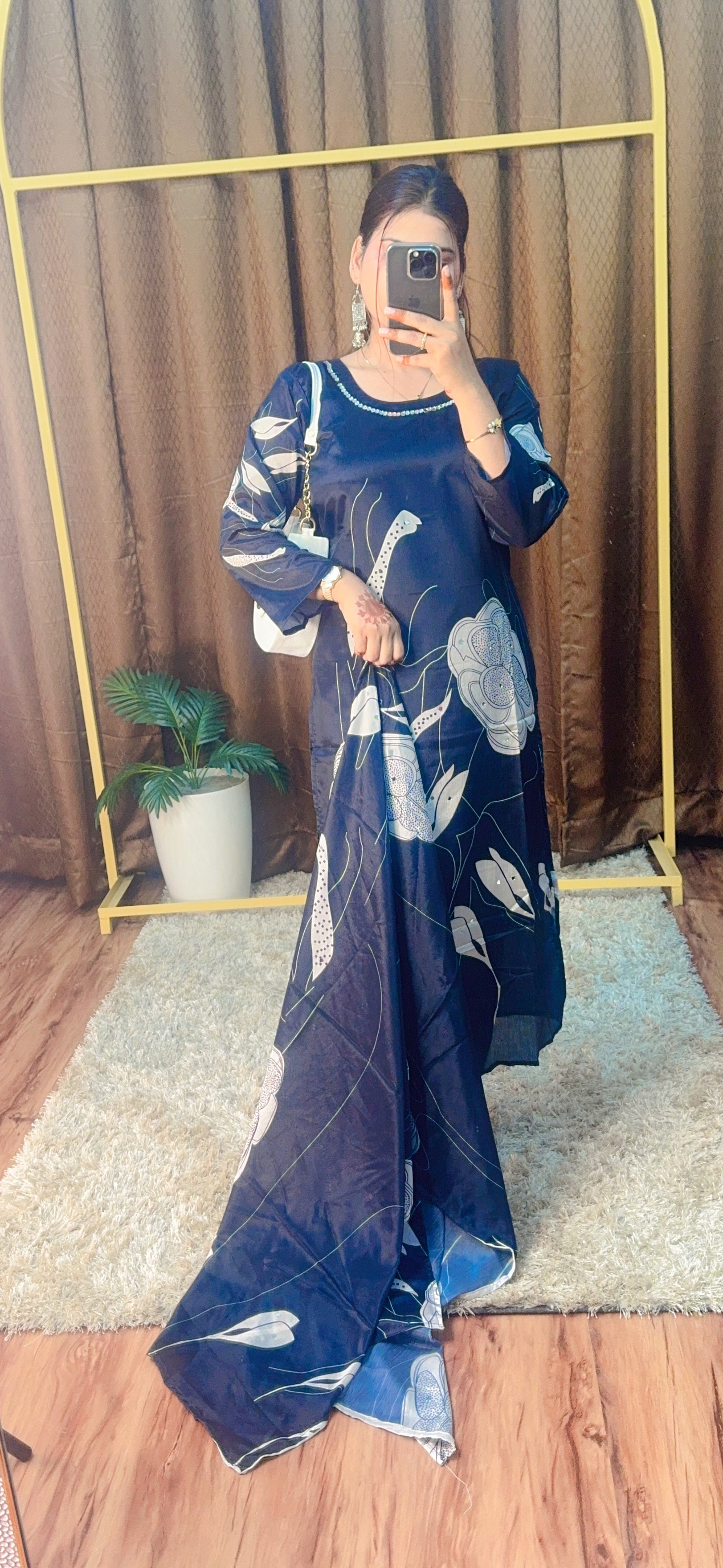 Digital Printed Silk Suit With Real Mirror Work Detailings All Over The Suit