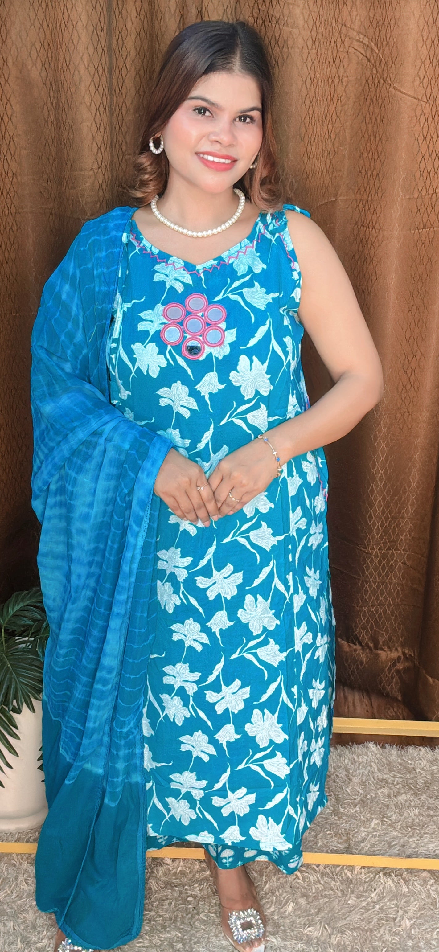 Fresh Bloom Blue mirrored Cotton Kurta Set