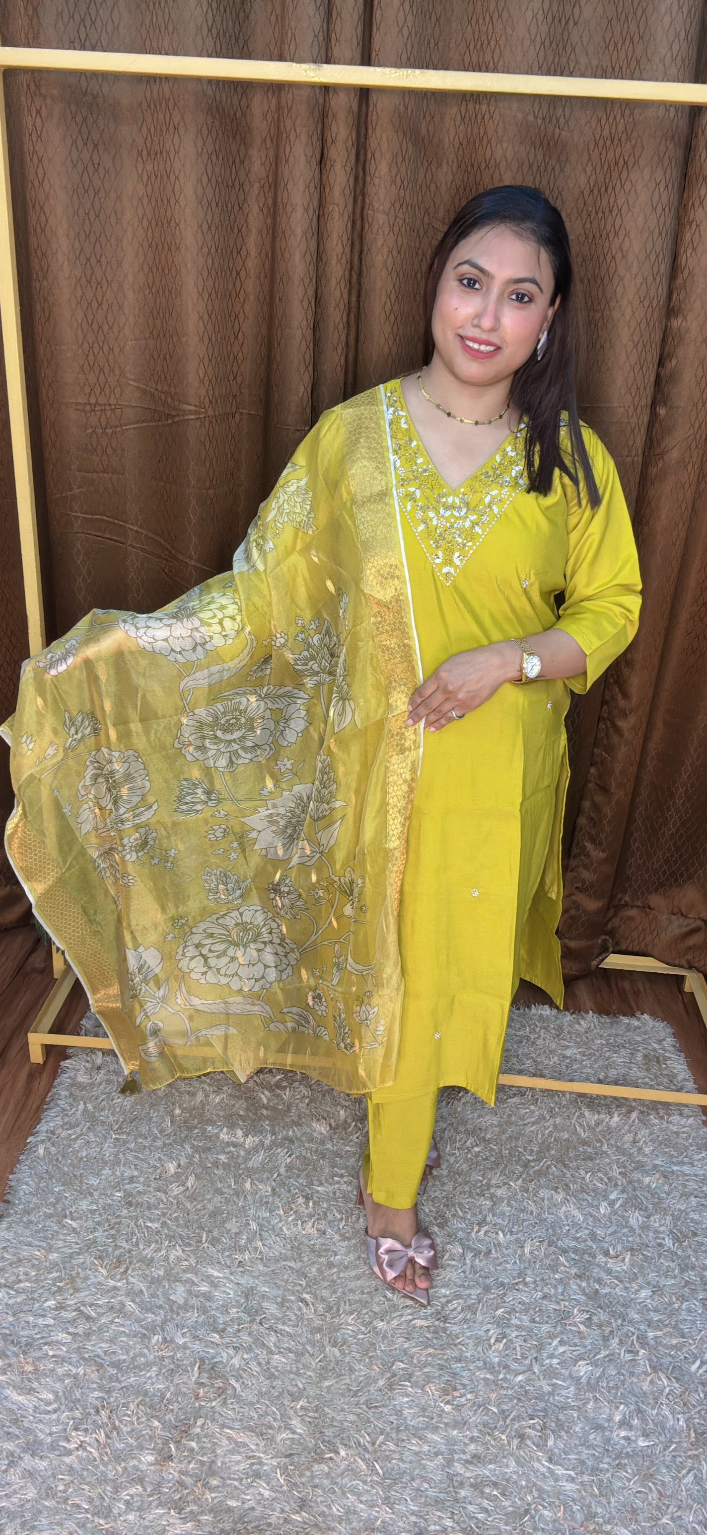 Beautiful Yellow Mustard Silk Suit Set With Digital Printed Orgenza Duptta