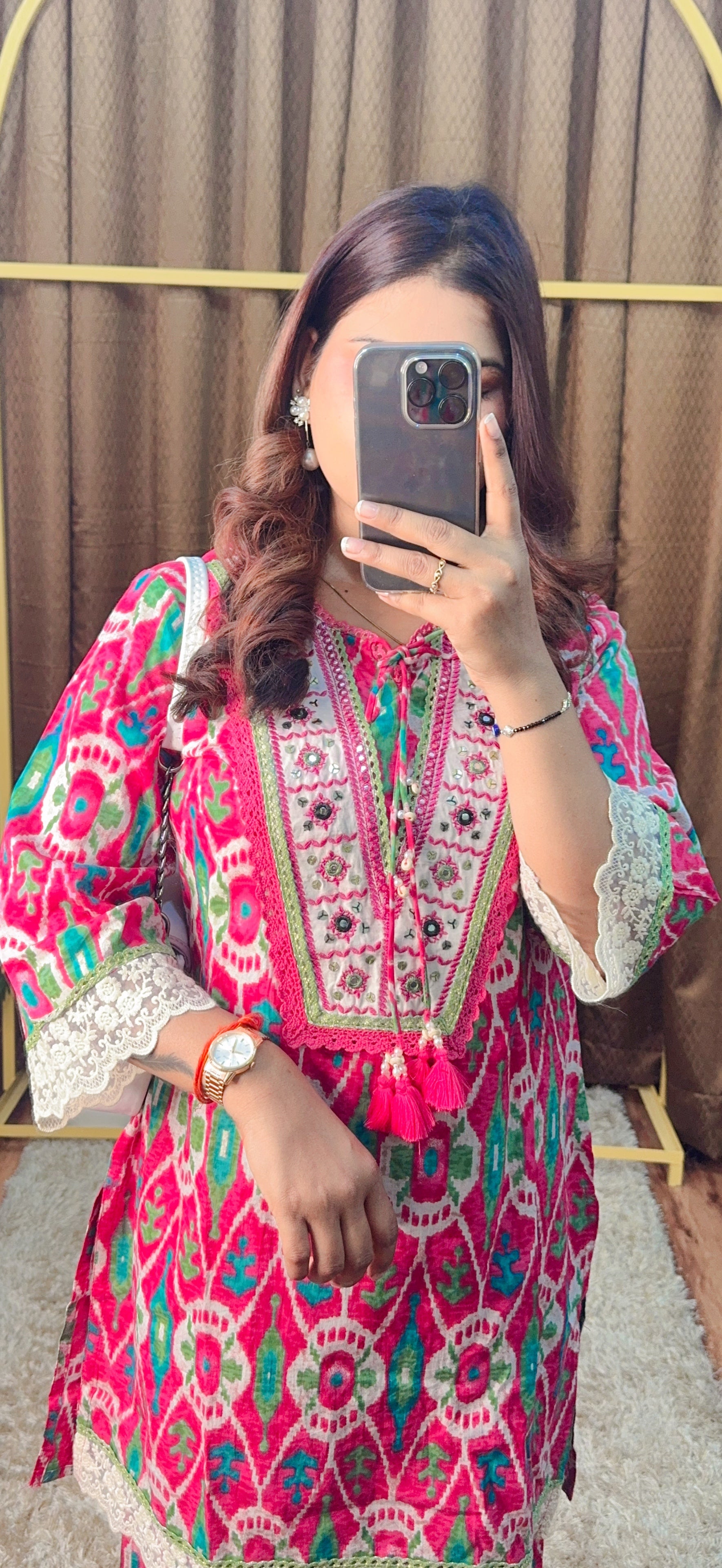 Vibrant Ikat Charm Cotton Co-Ord Set with Lace Detailing