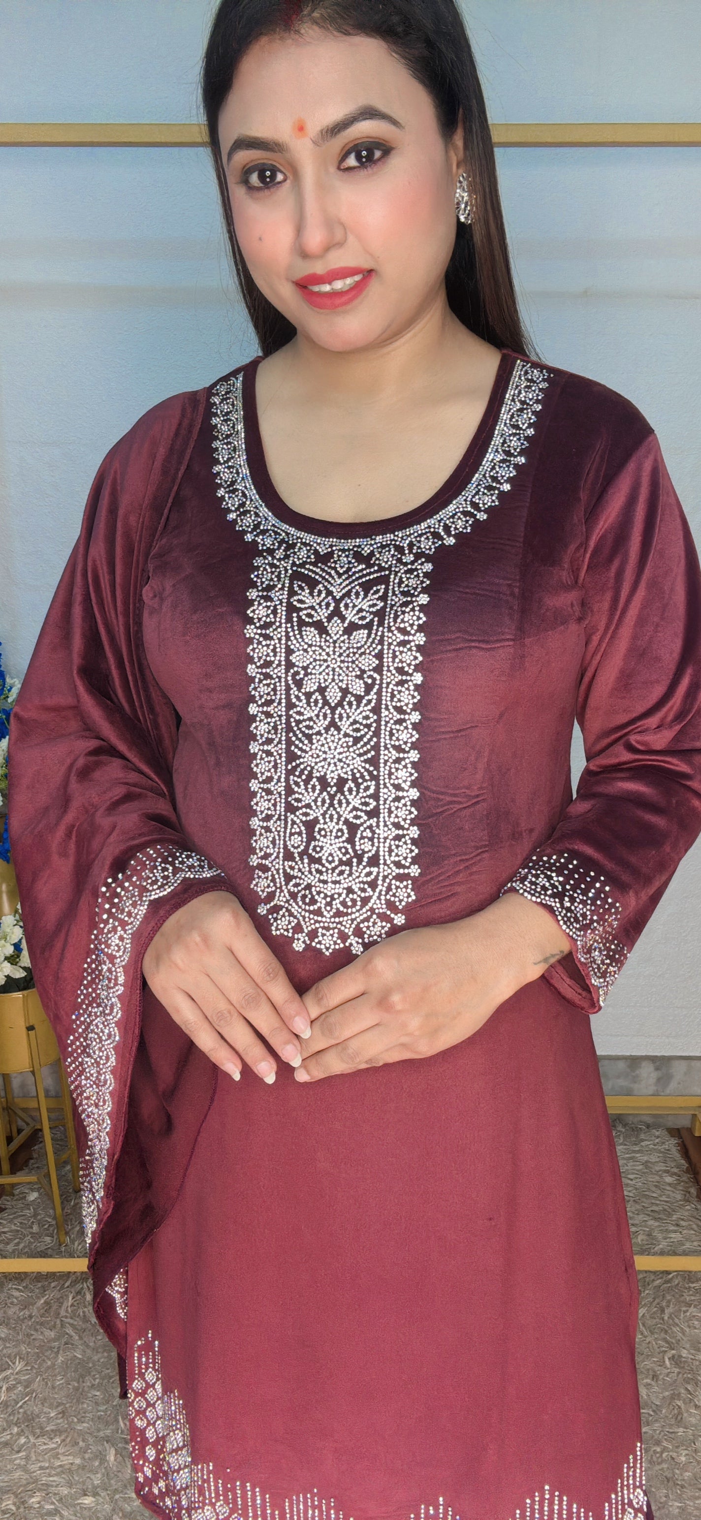 Beautiful Zircon 3pcs Velvet Suit