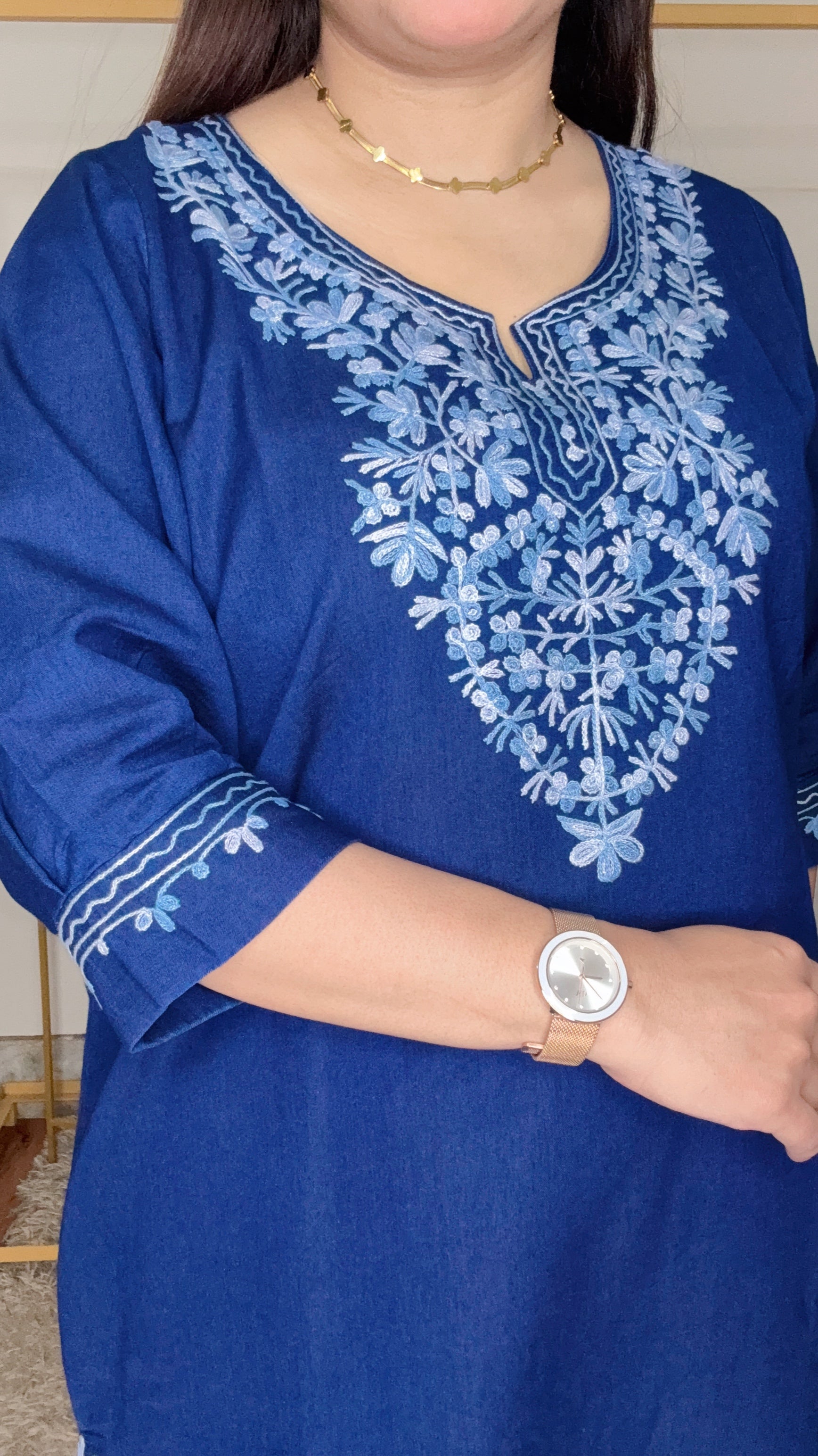 Long Denim Kurti Cord Set Withi White Thread Work