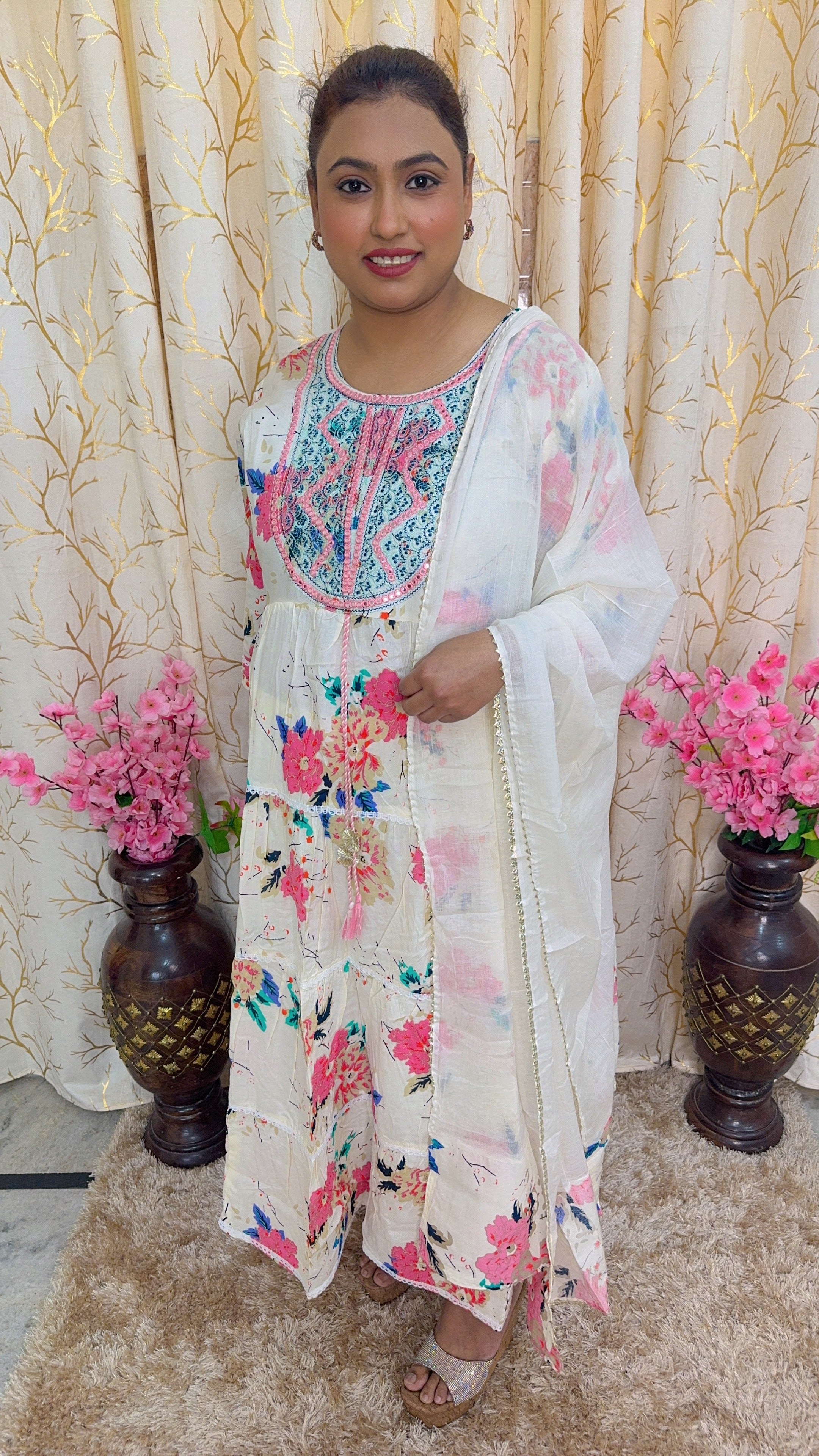 Floral Printed Pure Cotton Anarkali Suit Set With Dupatta