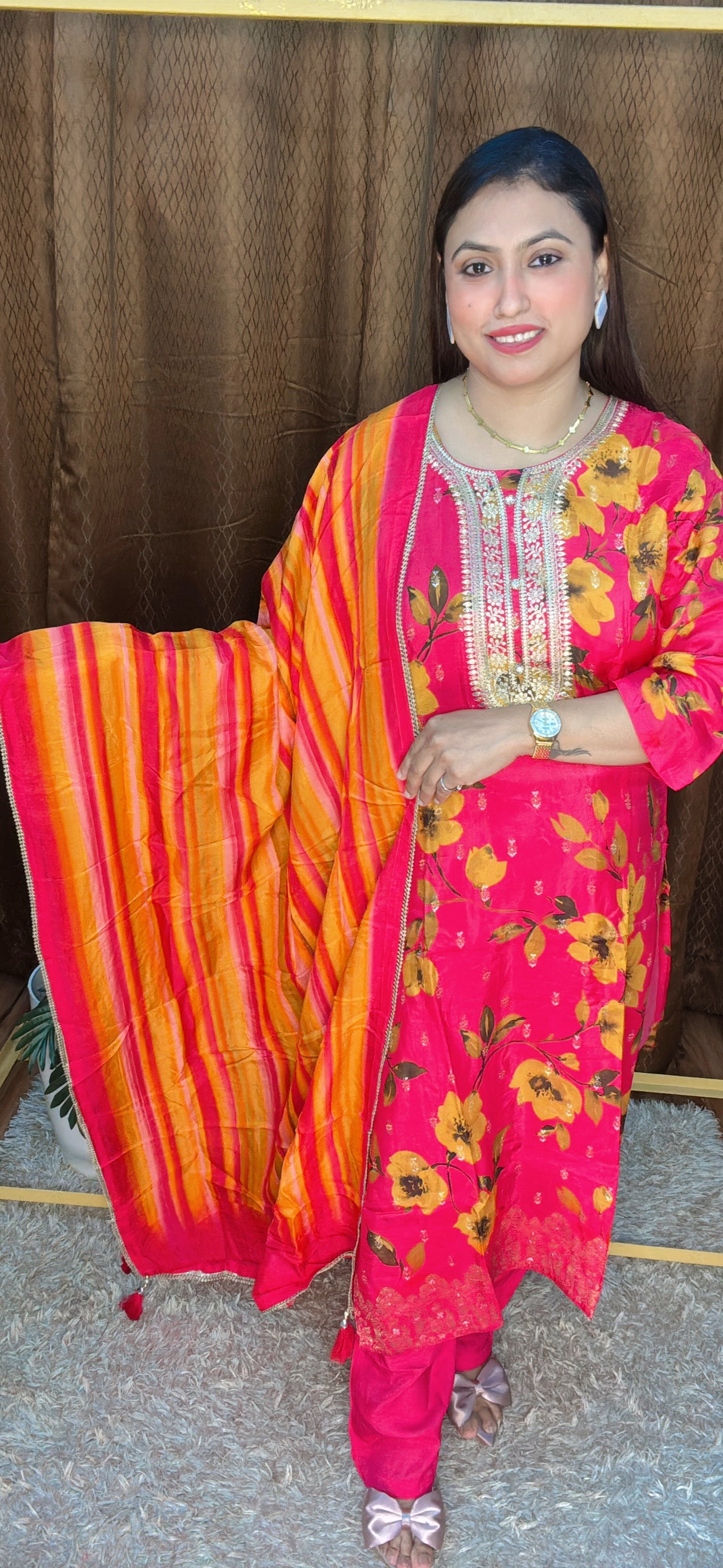 Floral Radiance Pink Cotton Suit Set with Embroidered Neckline & Striped Dupatta