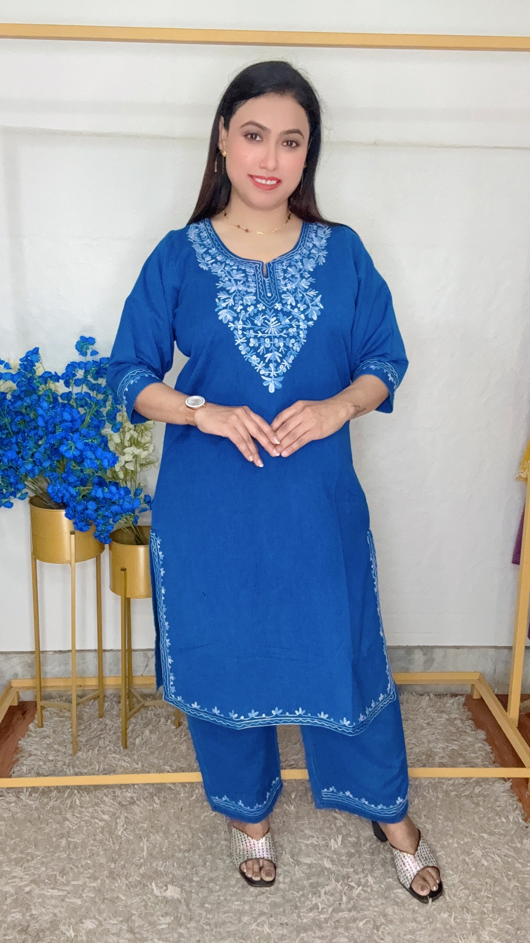 Long Denim Kurti Cord Set Withi White Thread Work
