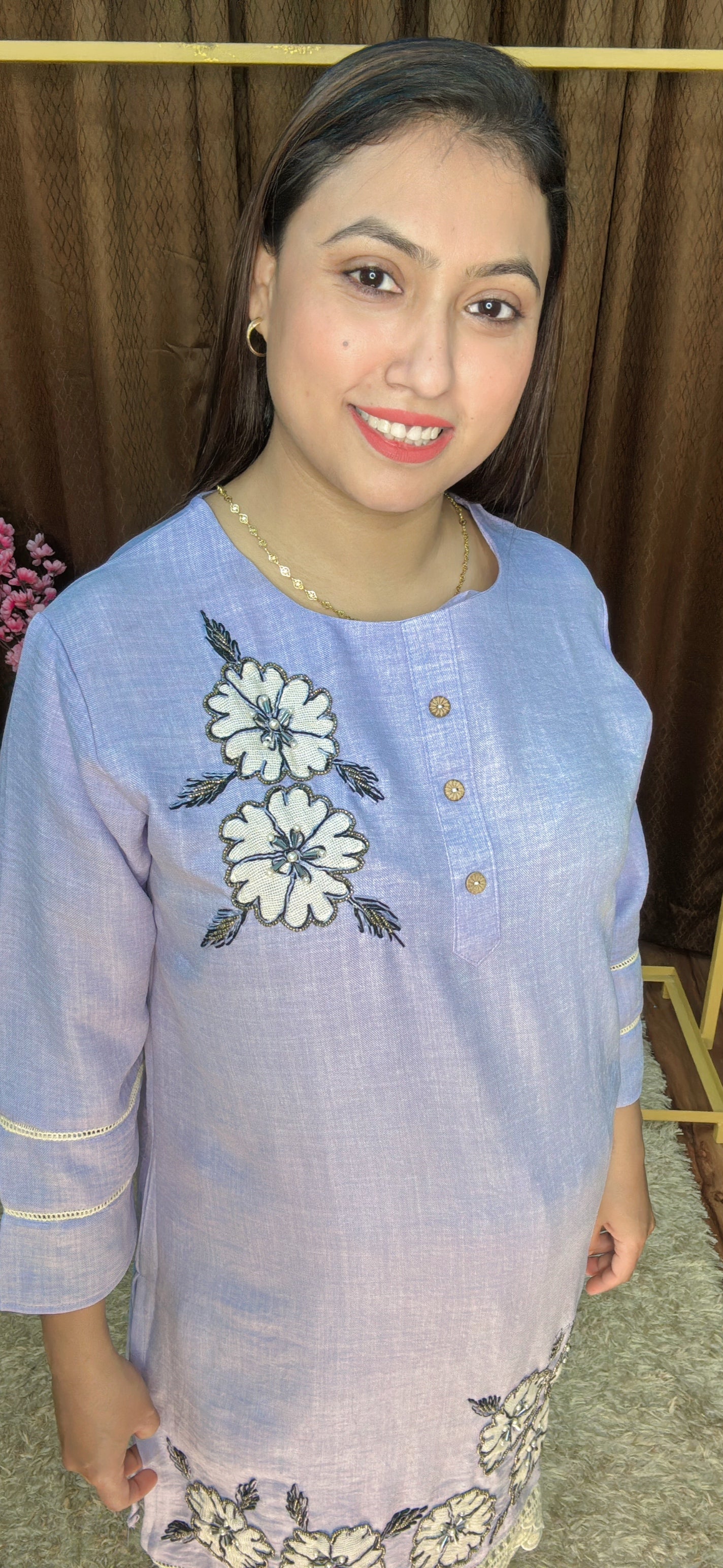 Two Flower Embroidery Khadi Cotton Cord Set