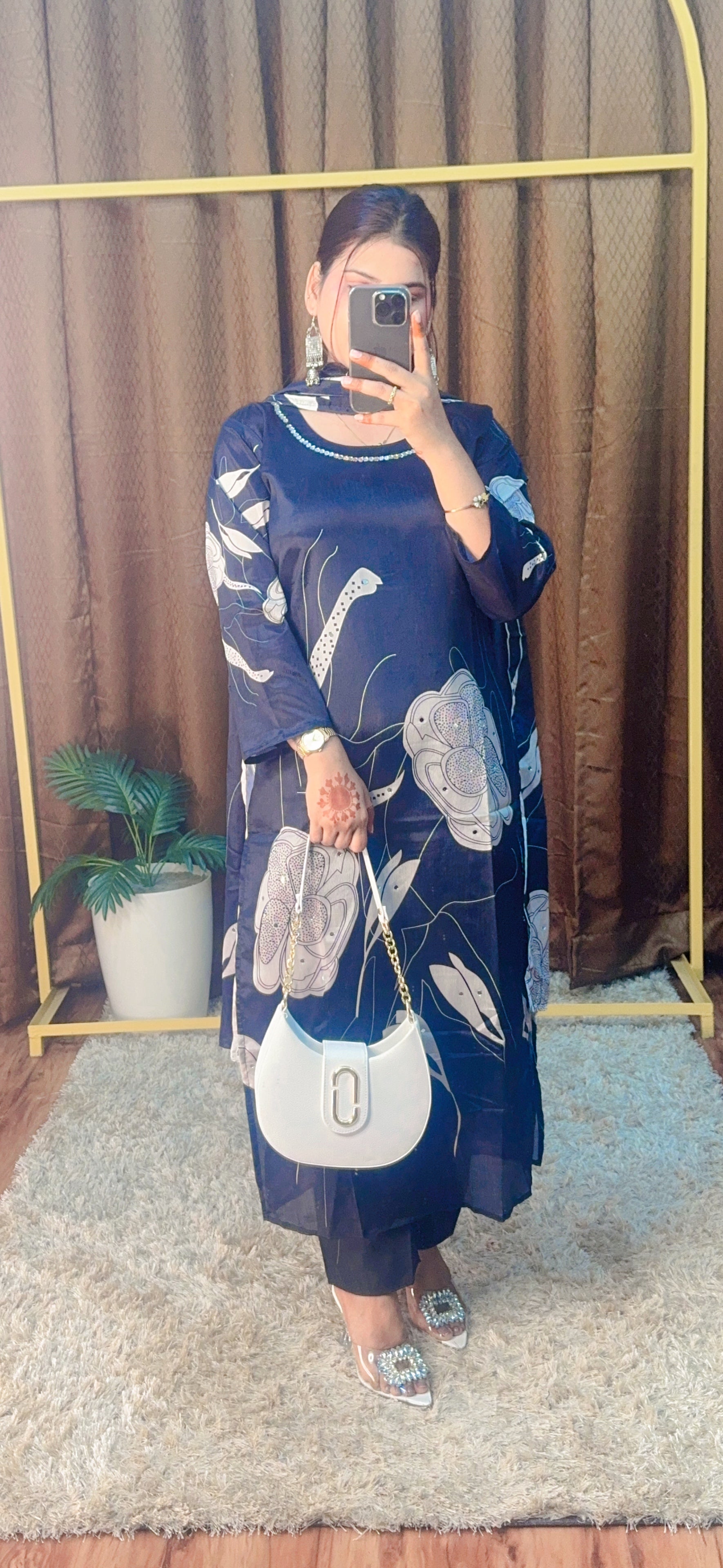 Digital Printed Silk Suit With Real Mirror Work Detailings All Over The Suit