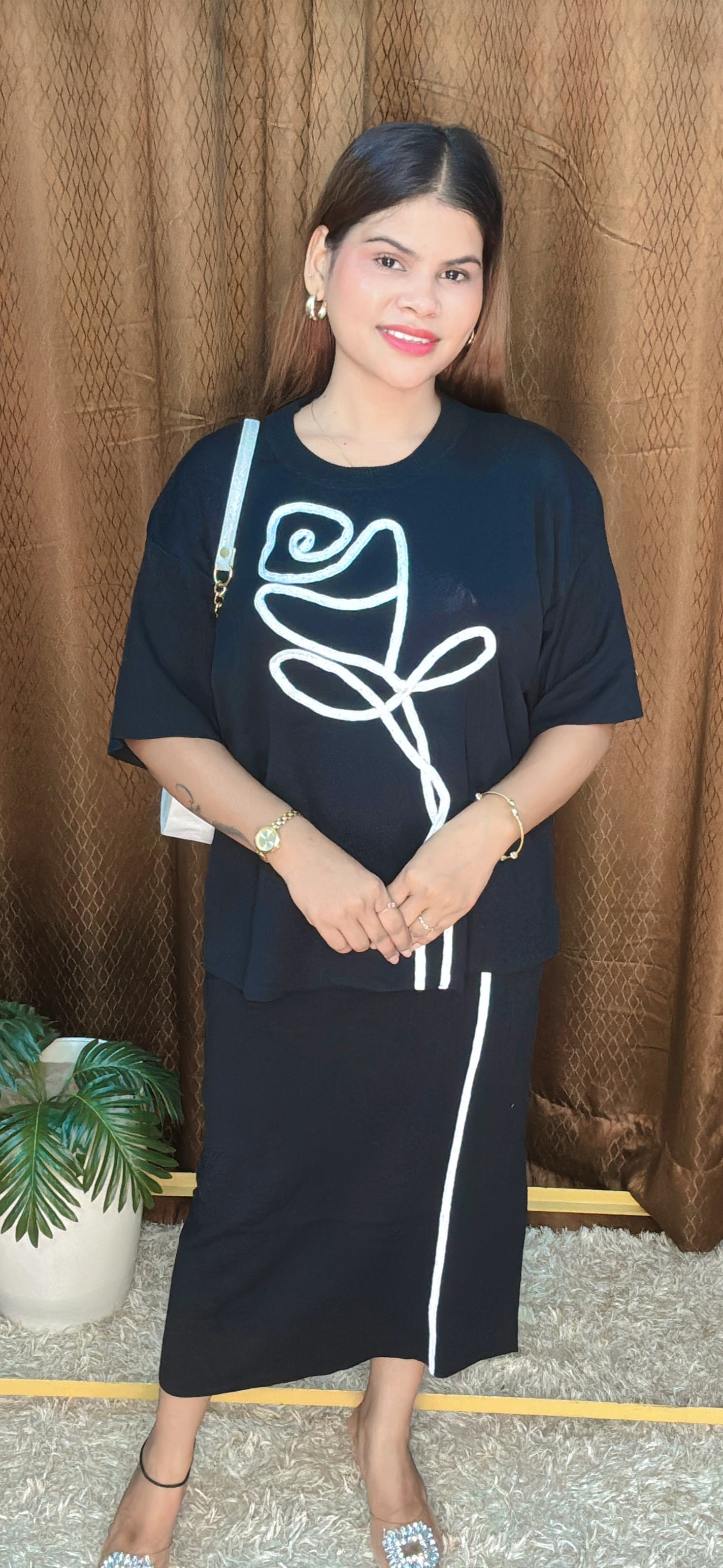 Rose Thick Tread Work knitted Long Skirt Cord Set
