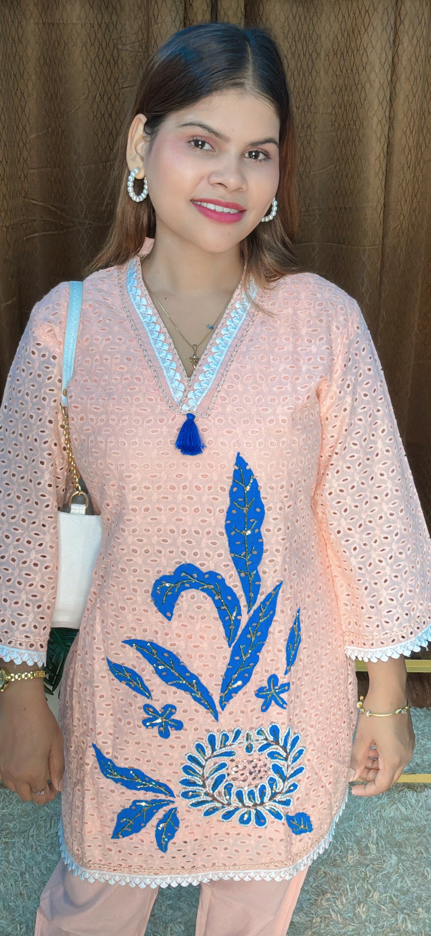 V Neck With Embroidery Cord set With White Lace Detailings