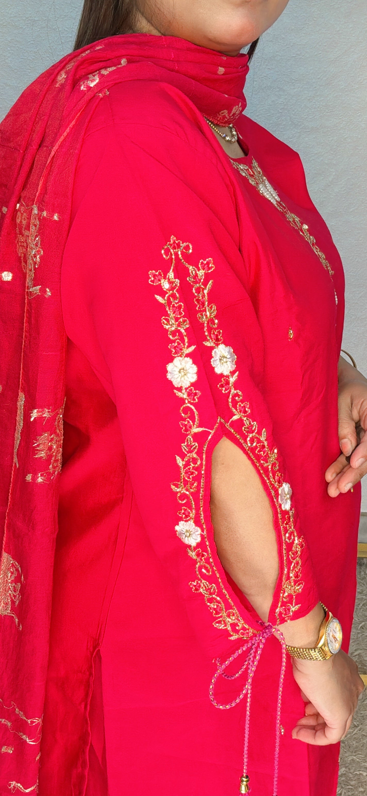 Embroidered Crimson Kurta Set with Banarasi Dupatta
